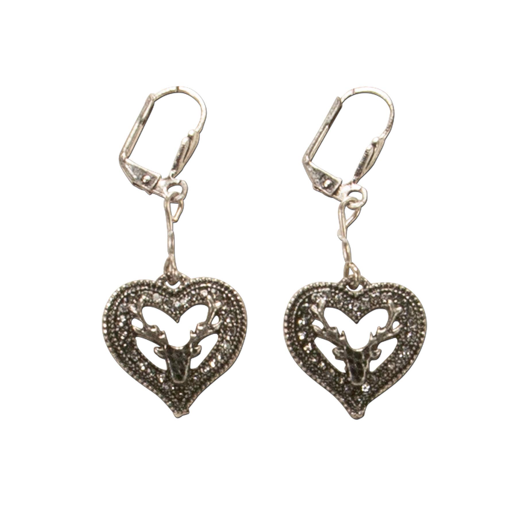 Alpenflüstern Trachtenschmuck-Set Trachten-Halskette und Ohrstecker Strassherz Hirsch - Damen-Trachten-Schmuck, Trachtenset Trachtenkette und Trachten-Ohrringe antik-Silber-Farben SET041