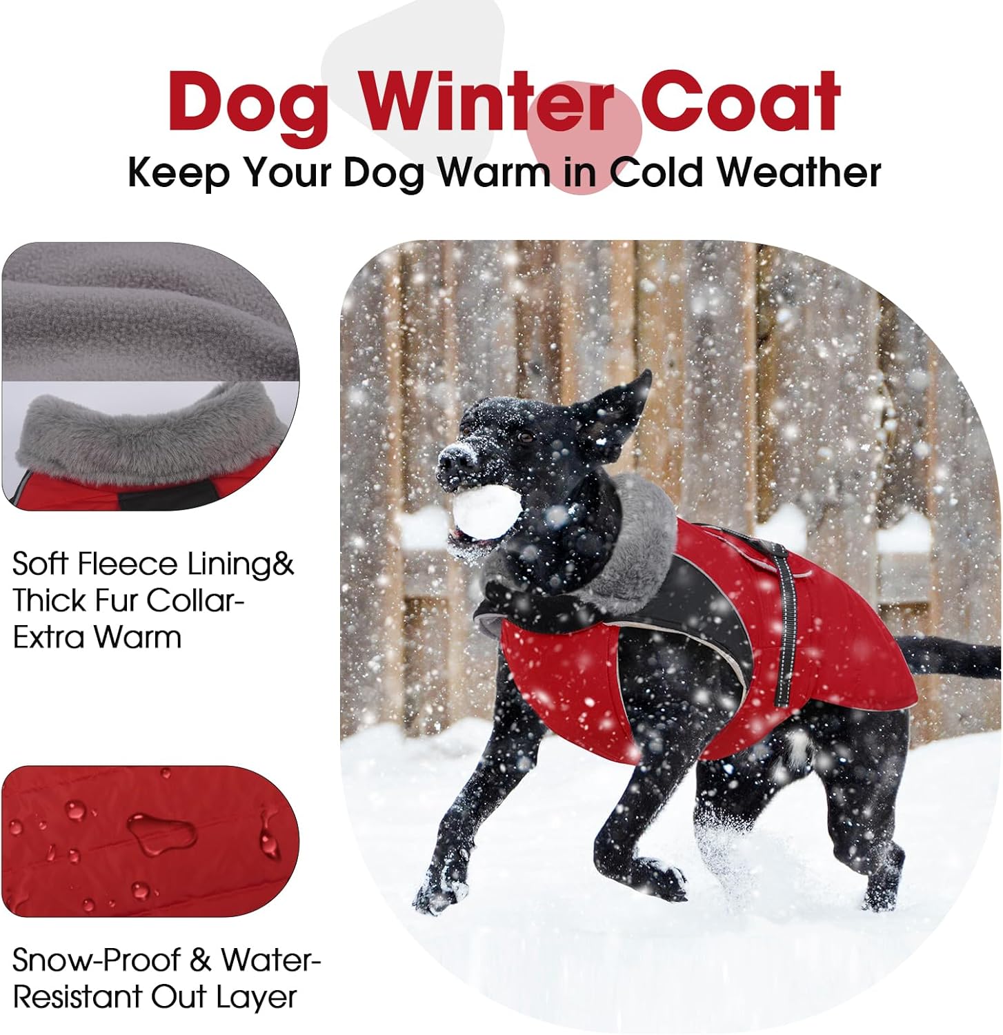 Nanaki Warm Fleece Lined Furry Collar Winter Coats Jackets Vests for Dogs, Waterproof Reflective Dog Snowsuit with Leash Hole Outdoor Walking Hunting, Easy On Pullover Medium Dog Puppy Coat Red XL