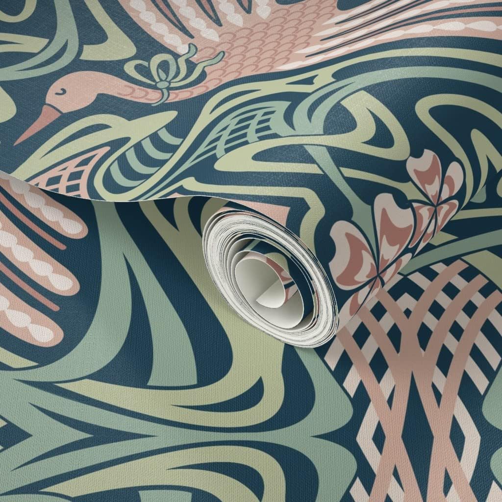 Peel & Stick Wallpaper 3ft x 2ft - Fly Crane Bird Green Pink Art Deco Mint Blush Nouveau Mauve Emerald Custom Removable Wallpaper by Spoonflower