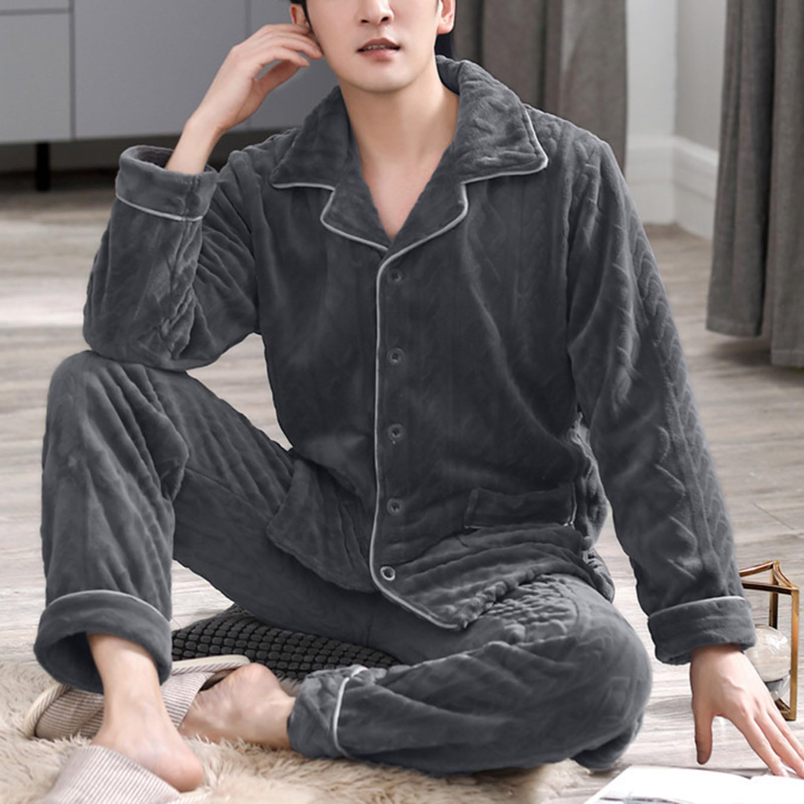 Pijama de forro polar para hombre, conjunto de pijama cálido de invierno de manga larga con solapa, ropa de dormir con botones y pantalones de dormir, franela de dos piezas, pijama grueso