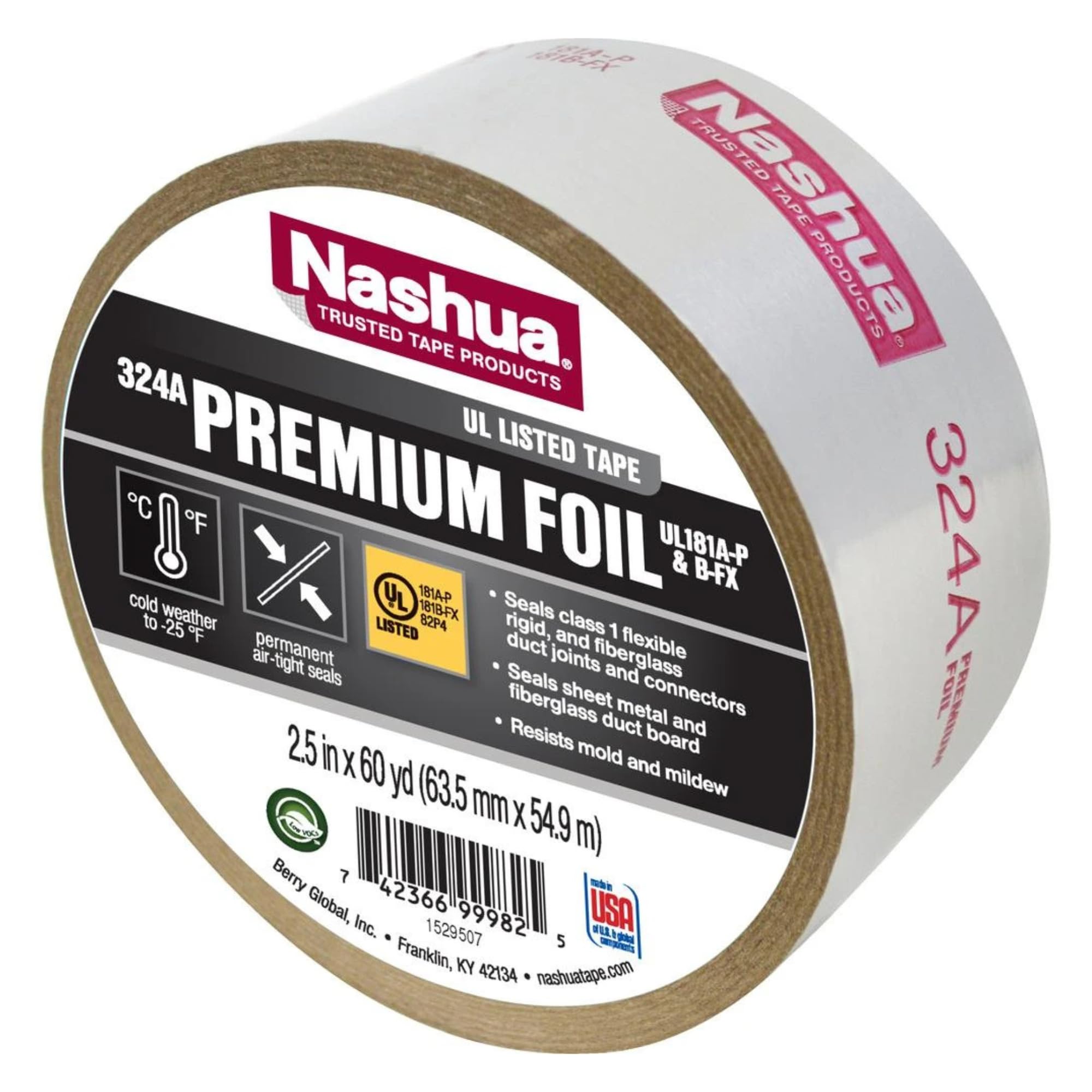 Nashua 324A Cinta de aluminio Premium para clima frío [UL 181 A y B en la lista/Linea: 2-1/2 in. x 60 yds. (Plata)