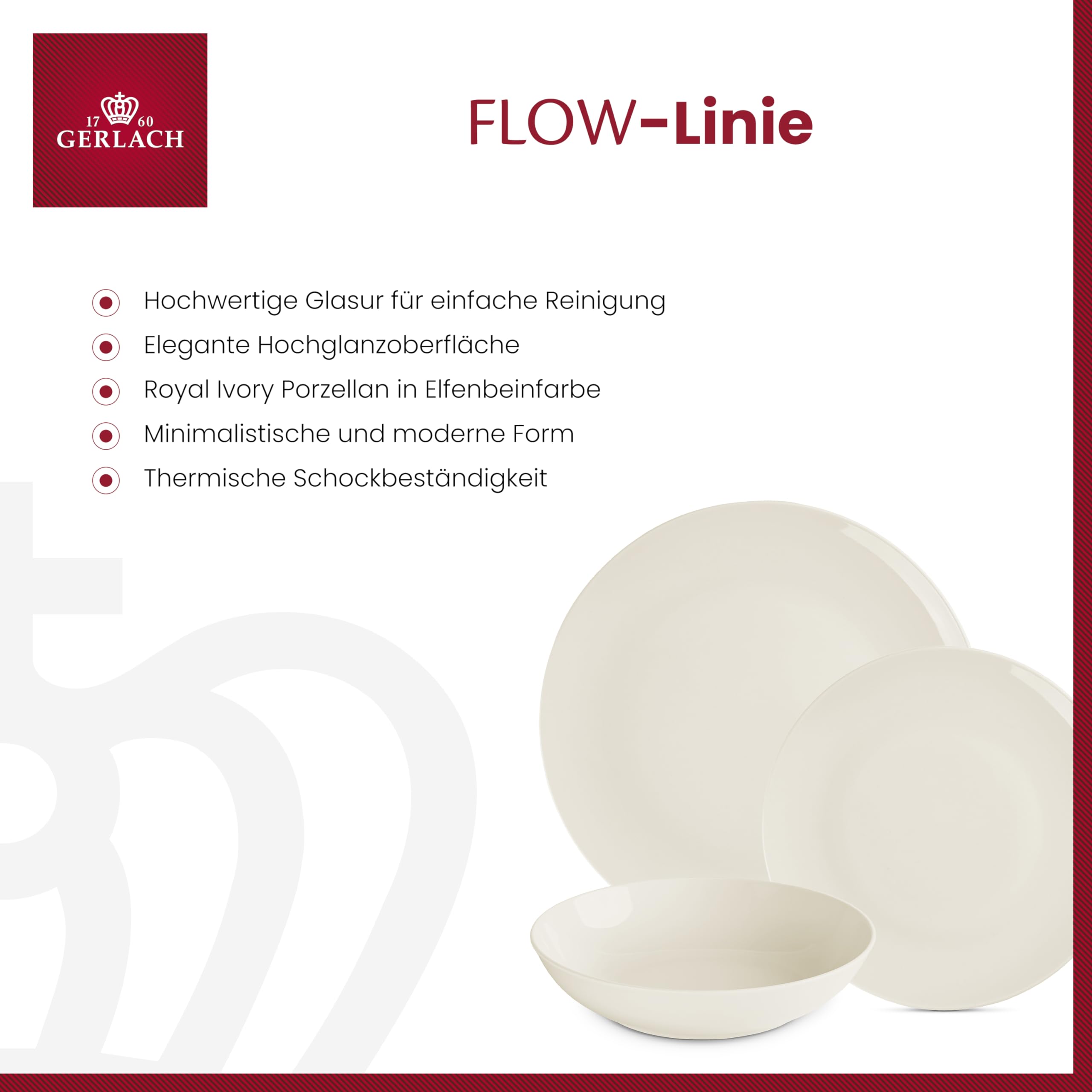 Gerlach Flow Geschirrset Für 6 Personen Teller-Set Aus Porzellan Geschirr 18-Teilig Tafelservice Essservice Suppenteller Speiseteller Weihnachtsgeschirr Moderne Service & Geschirrsets Elfenbeinfarbe