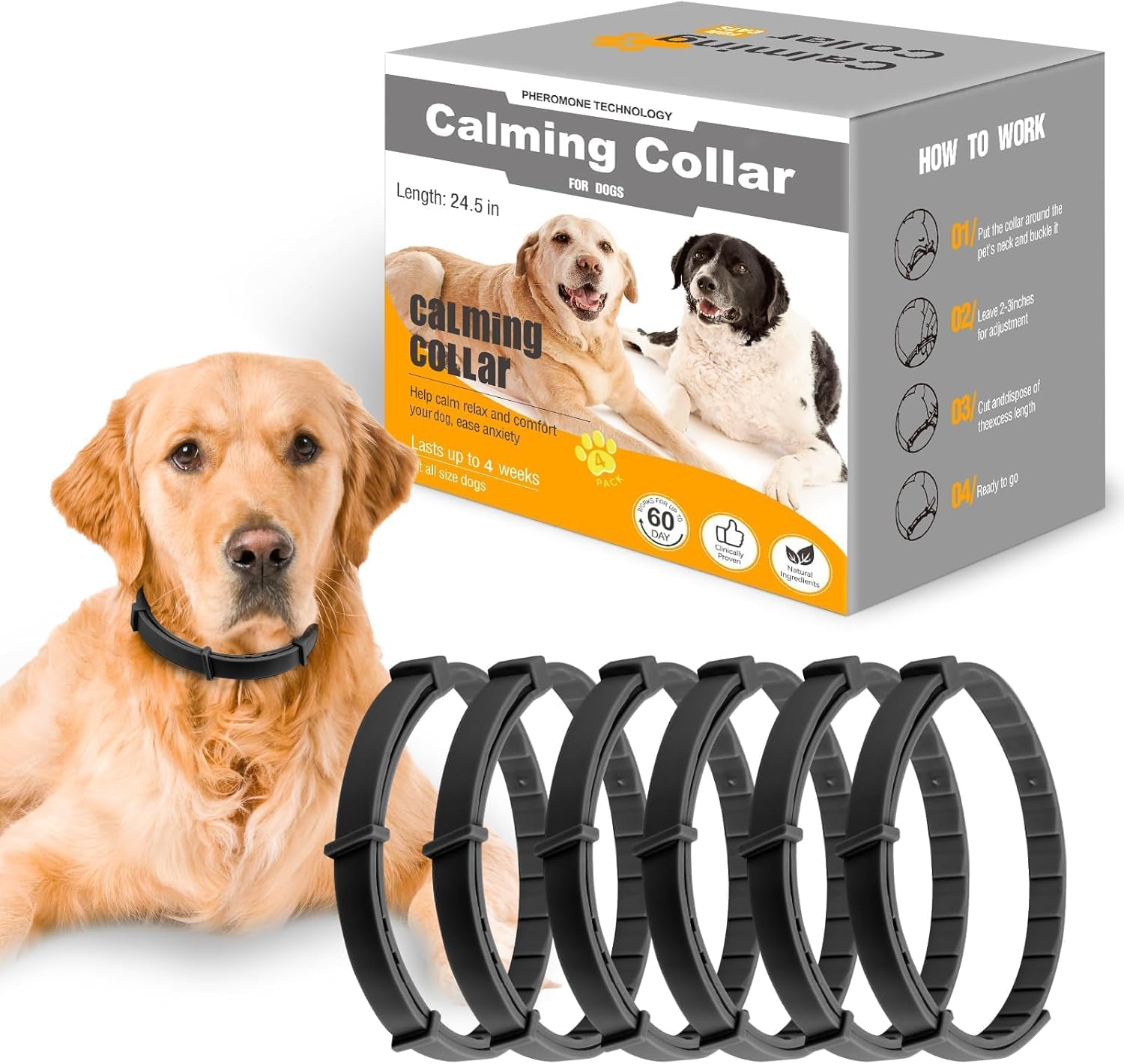 Dog Calming Collar Helps Reduce Unwanted Behavior, 6 Packs Calming Collar for Dogs, Stress Relief Lasts 120 Days 25 Inches Size Flexible Adjustable Collar for Puppy & Adult Dogs, Black