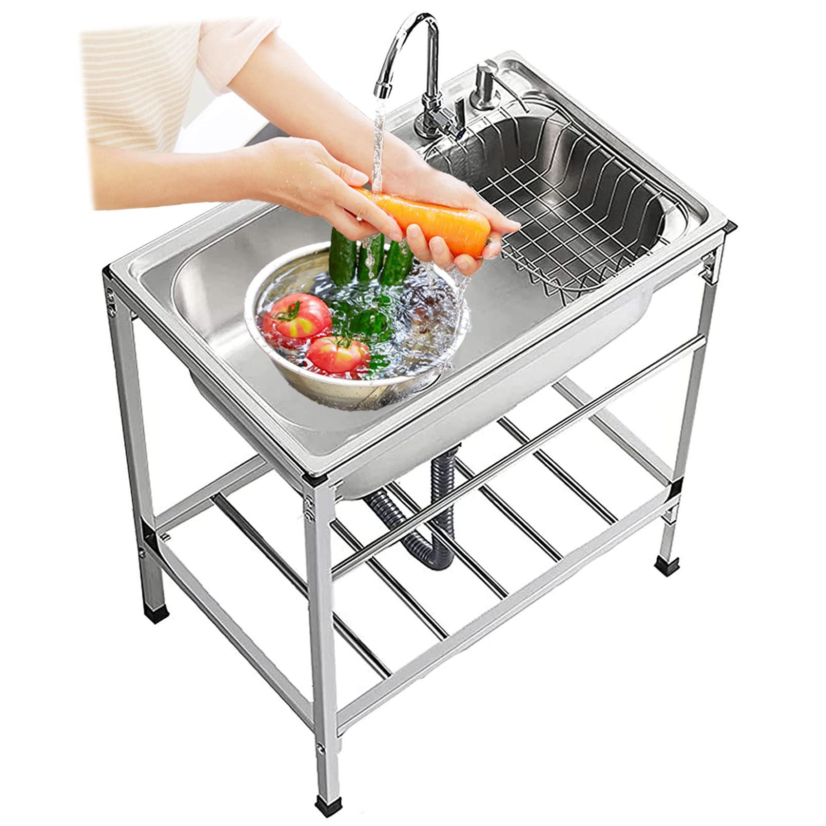 TAXXII 1 Compartment Stainless Steel Commercial Kitchen Prep Utility Sink Laundry Tub Large Free Standing Wash Station Tubs with Faucet and Storage Shelves for Indoor Outdoor
