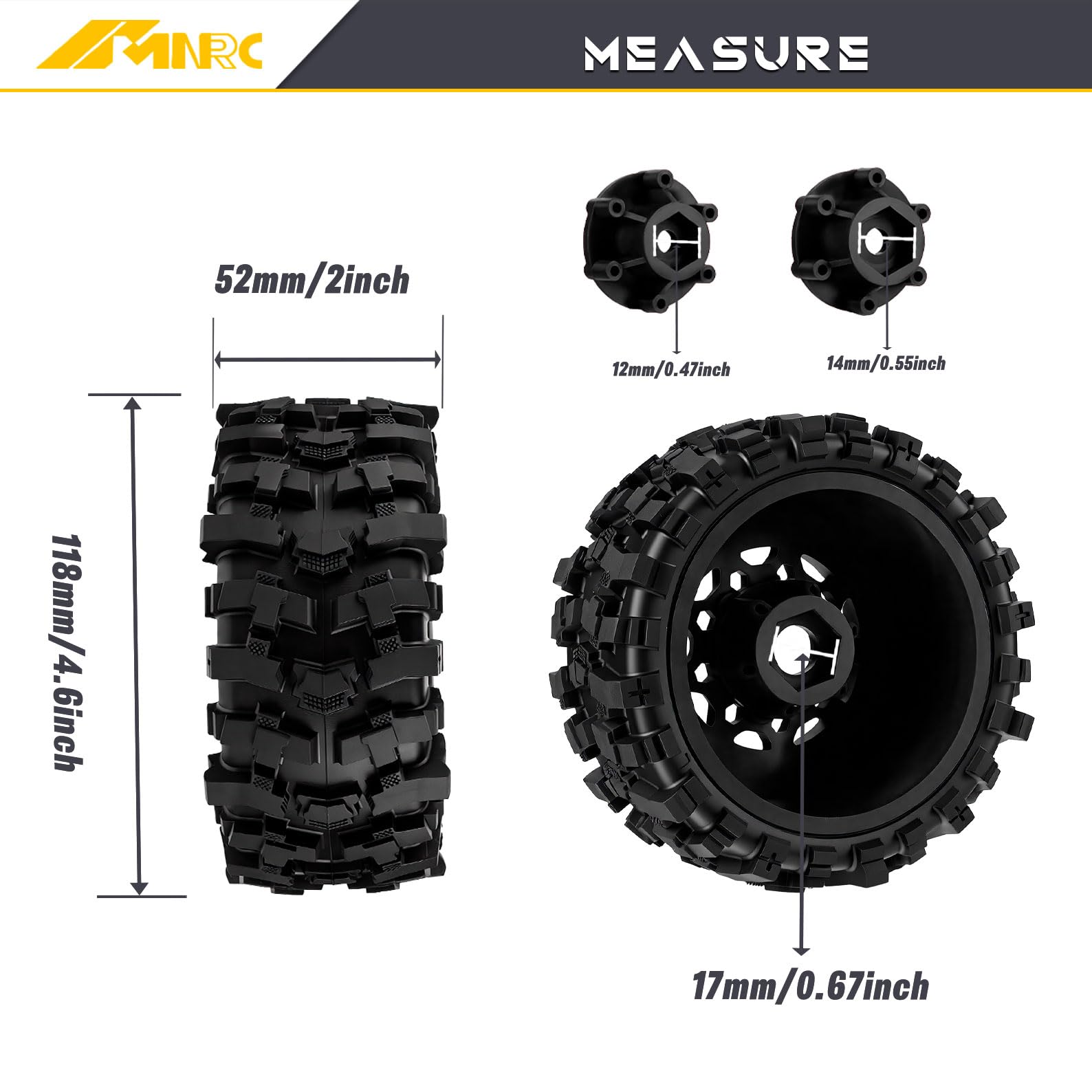 Ruedas de plástico RC para camión de curso corto y neumáticos de goma y kit hexagonal de 12 mm, 14 mm, 17 mm para 1/10 Axial SCX10 II III Redcat Gen7 Gen8 TRX4 Senton Slash 4×4 2WD Series