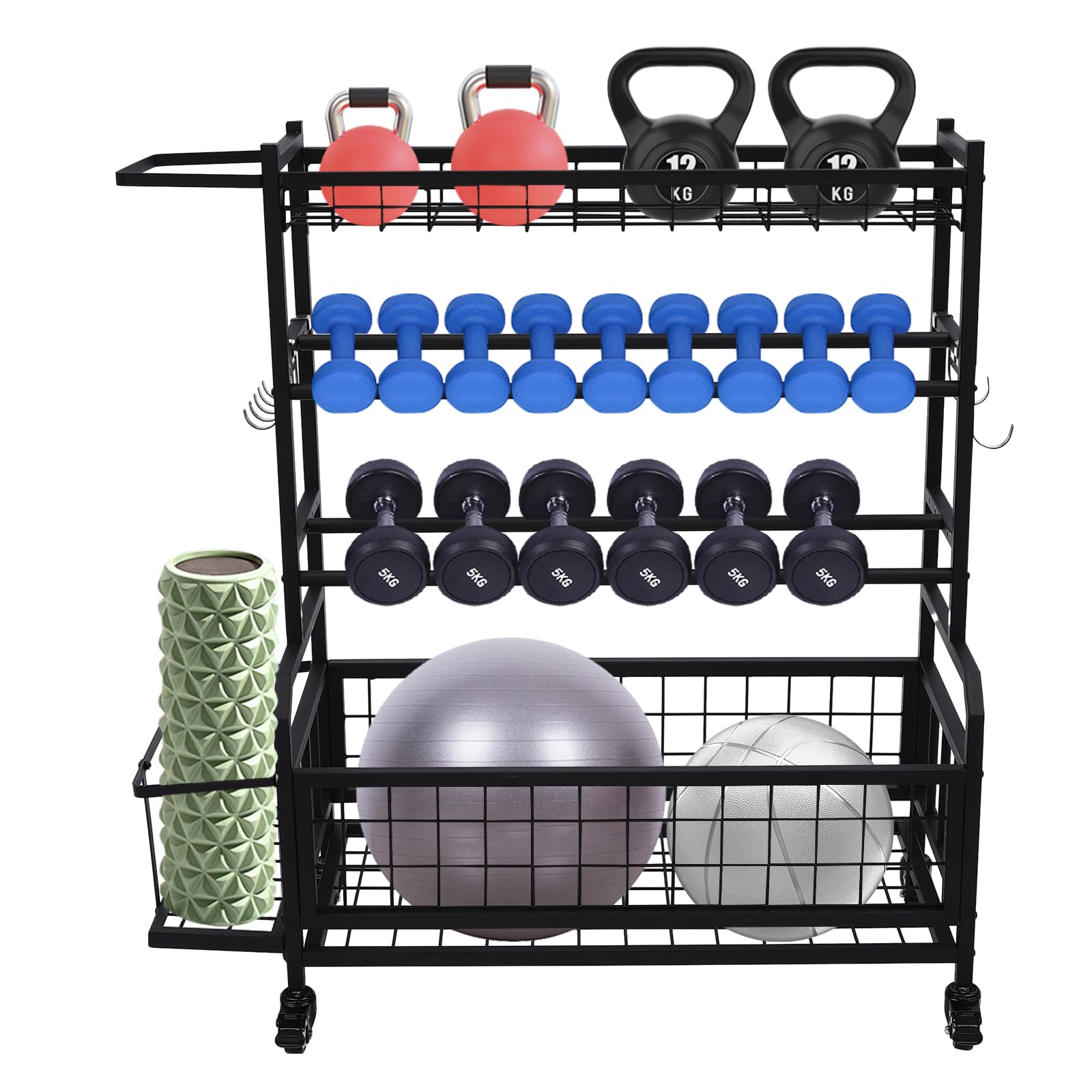 Soporte de pesas para gimnasio en casa, mancuernas, soporte para mancuernas con ruedas, para gimnasios, estudios de yoga, color negro, 102,5 x 40 x 105,6 cm