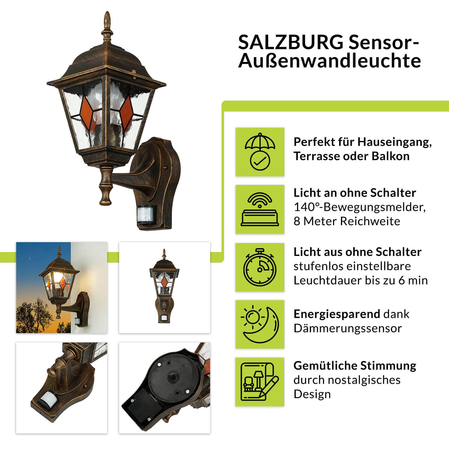 Licht-Erlebnisse Außenleuchte mit Bewegungsmelder in Kupfer Antik IP44 Hof Garten H:37,5 cm E27 max. 60 W Tiffany Rustikale Sensor Wandlampe SALZBURG