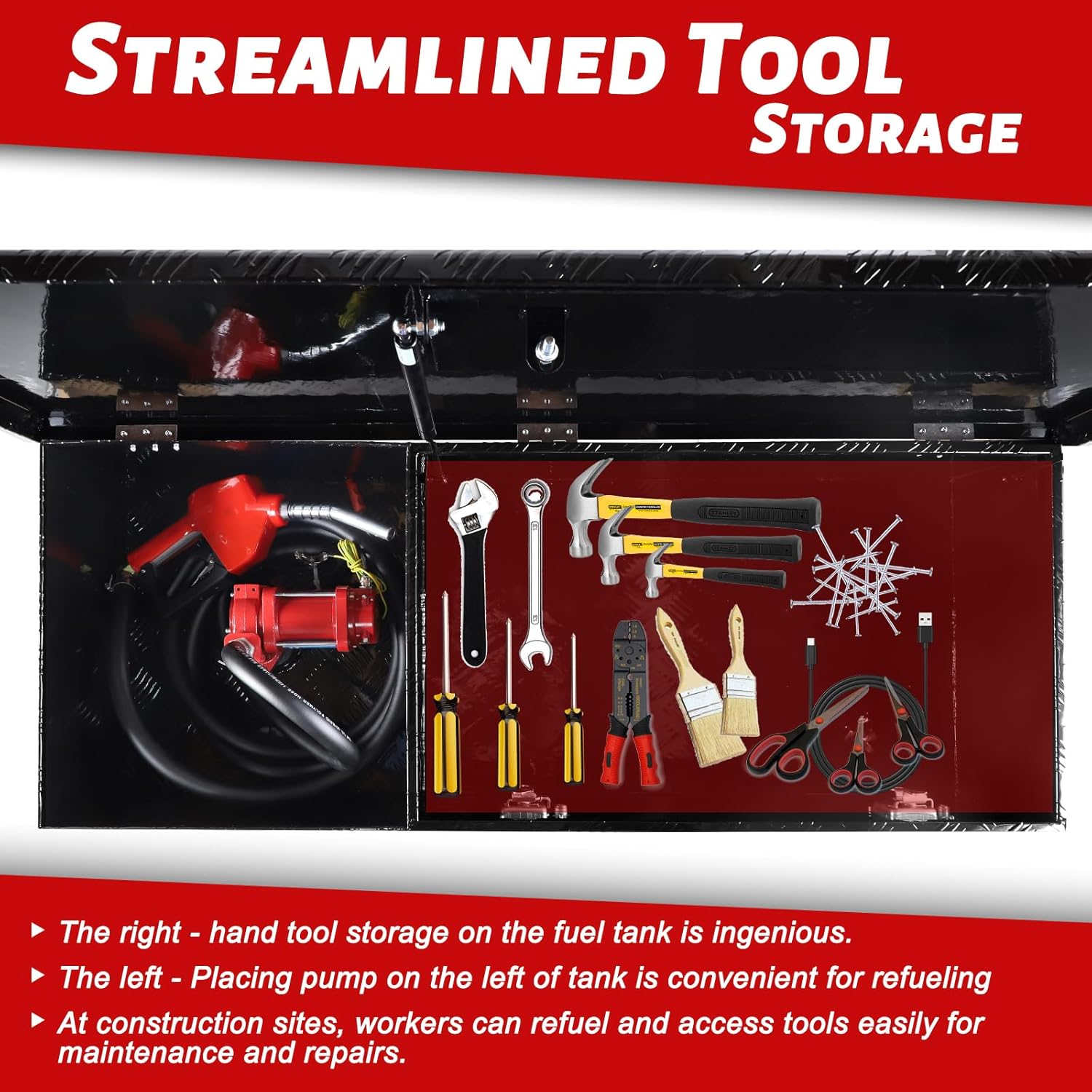 60 Gallon Aluminum Fuel Transfer Tank Tool Box Combo with 12 GPM Fuel Transfer Pump Black