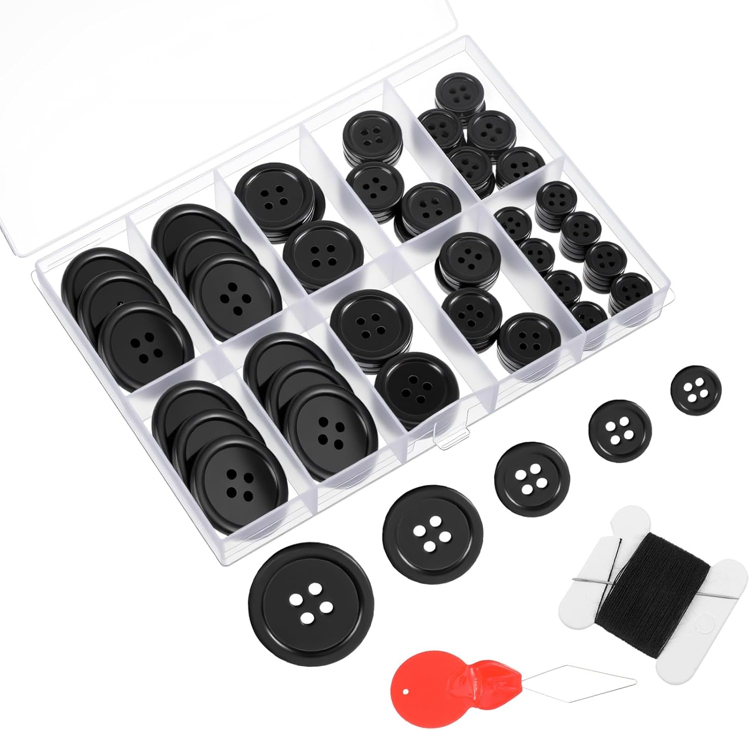 100Pcs Black Sewing Buttons Kit 5 Sizes 4-Hole Craft Buttons,Including Needle Thread and Threader Suitable for Sewing,Suit Coat Shirt Button,DIY Decoration