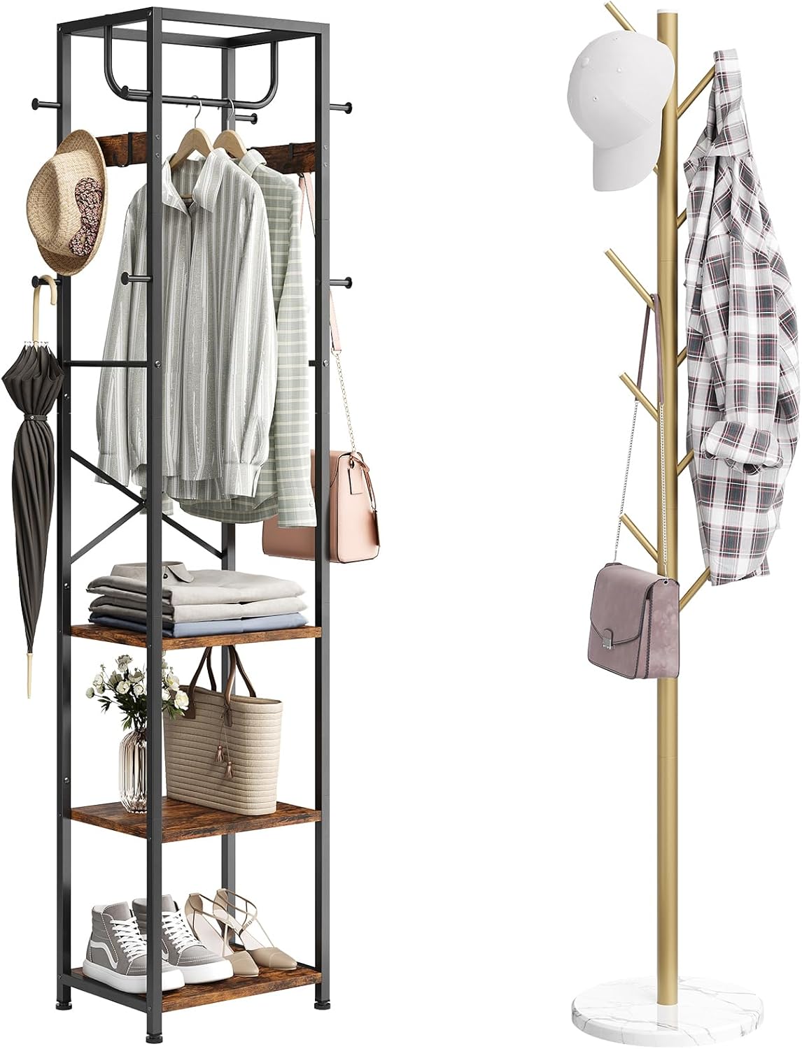 ELYKEN Coat Rack Freestanding with 3 Storage Shelves, Rustic Brown Coat Rack Freestanding with Natural Marble Base, Gold