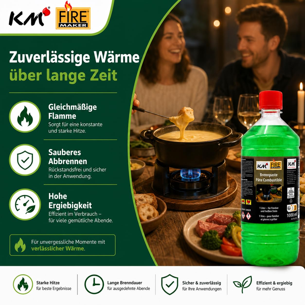 KM Match & Lights - Pasta de combustión (1 litro, fondue, piedras calientes, parrilla de mesa)