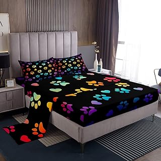 Dog Paw Print Kids Sheet Twin Size,Animal Pet Neon Bedding Set,Girls Boys Adults Bedroom Decor,Puppy Kawaii Cartoon Colorful Rainbow Bed Sheet Set 3pcs (Fitted Sheet + Flat Sheet + 1 Pillowcase)