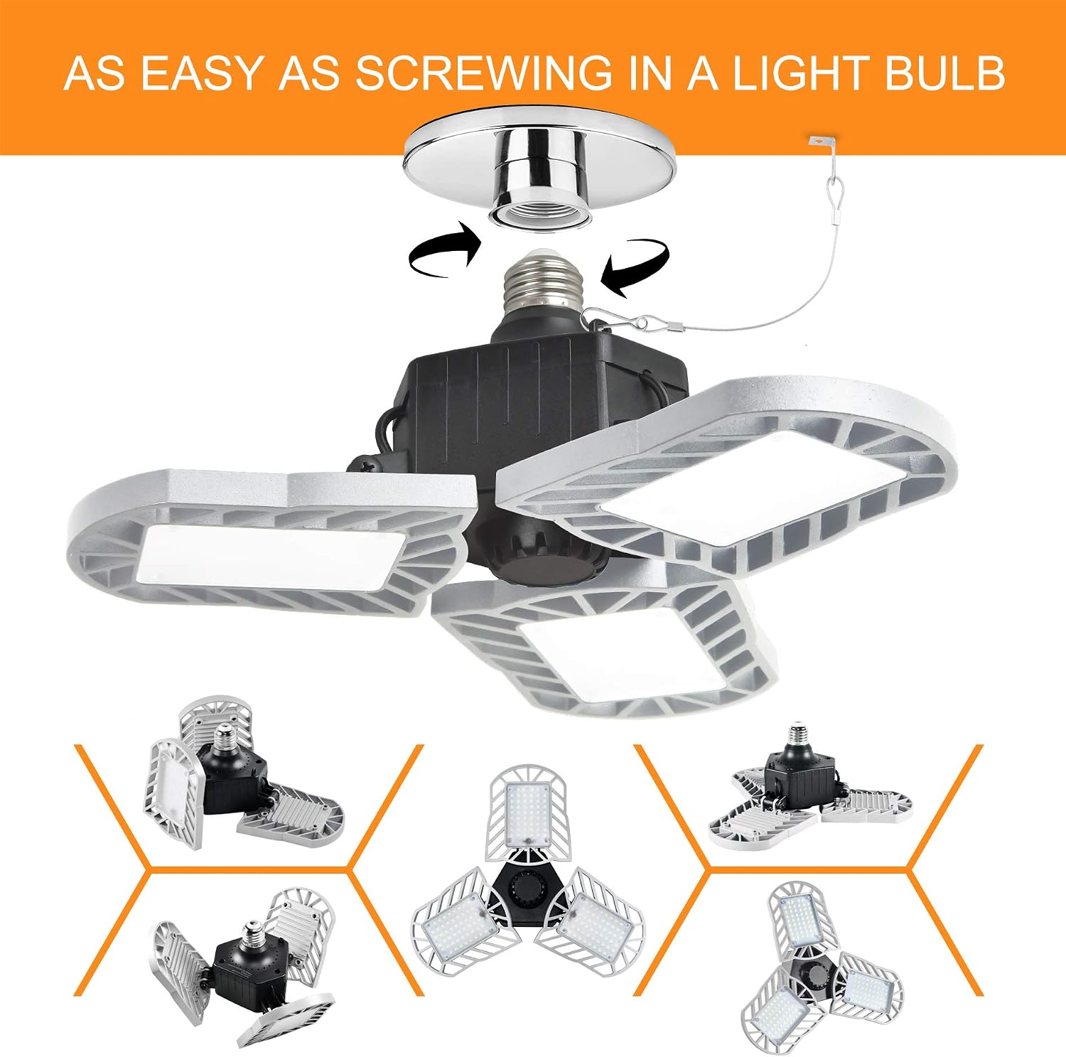 Cotanic LED Garage Light, E26 Base 6000K Daylight Deformable Garage Ceiling Light Lamp,6000LM LED Shop Lights,3 Adjustable Aluminum Panels,60W LED Light for Garage,Warehouse,Barn(NO Motion Activate)