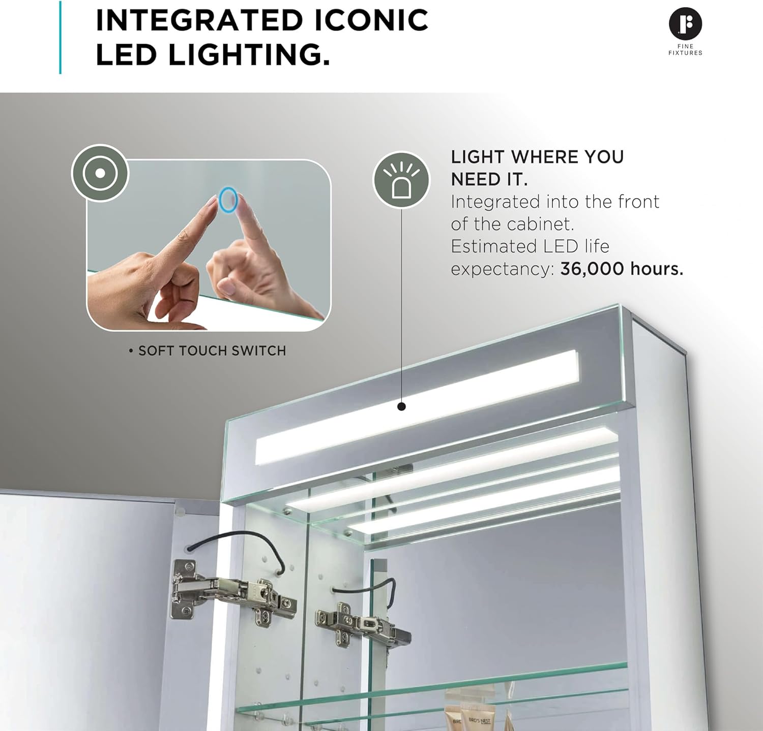 Fine Fixtures 15" x 40" Bathroom Medicine Cabinet, Aluminum Bathroom Vanity, Recessed Medicine Cabinet, Surface Mount, Left Hand Hinged, Mirrored Interior with LED Strips