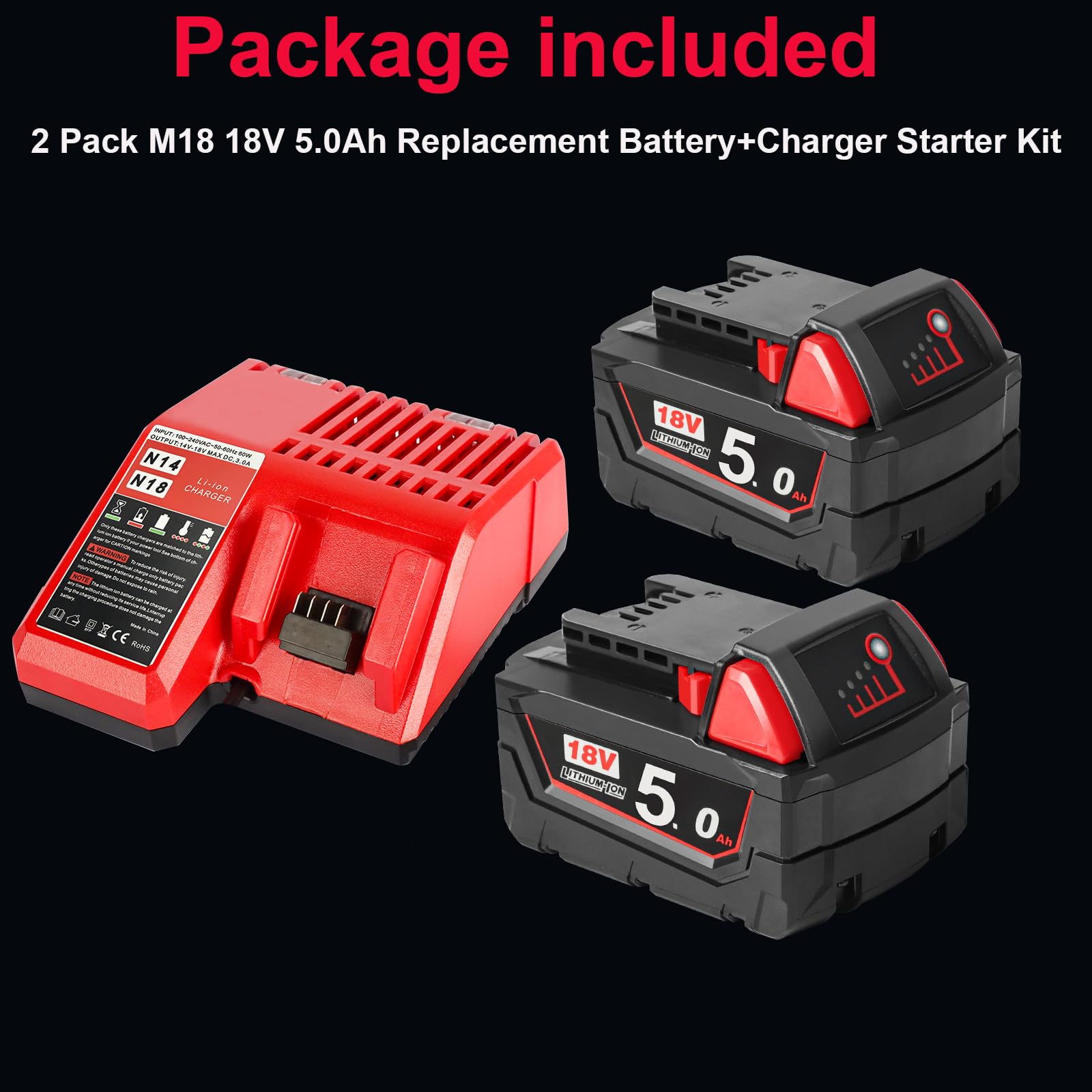 2x18V 5.0Ah Batteria Caricabatterie Kit Compatibile Con Milwaukee | Caricabatterie Rapido M18 compatibile con Milwaukee batterie 48-11-1815/1820/1828/1840/1850/1852/1860