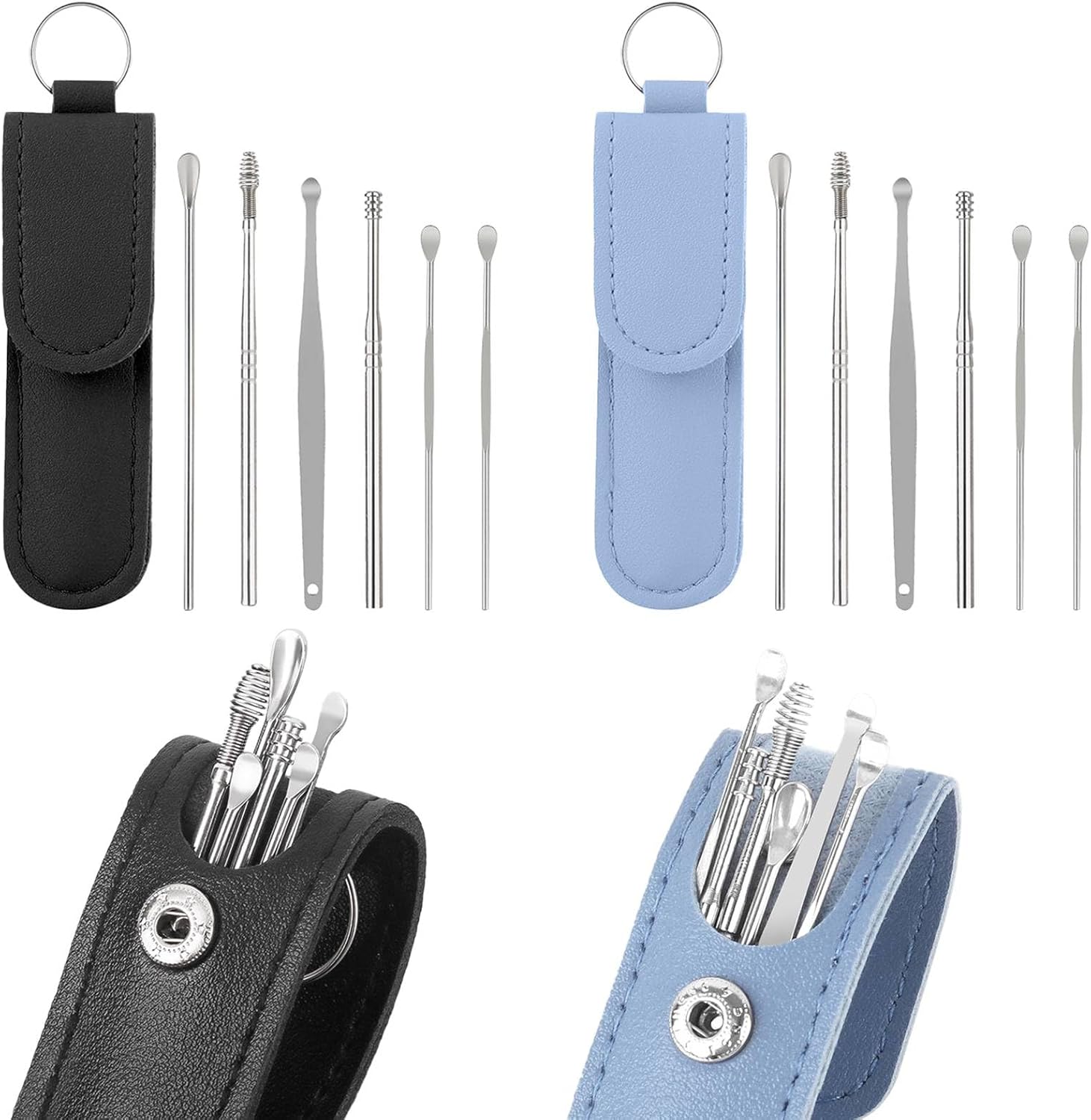 12PCS Ear Wax Removal Kit –Stainless Steel Ear Cleaner Tool Set with Spiral Eár Pick & PU Storage Bag – Reusable Earwax Remover for Adults & Kids, Safe & Portable Home Cleaning Kit（Black&Blue）