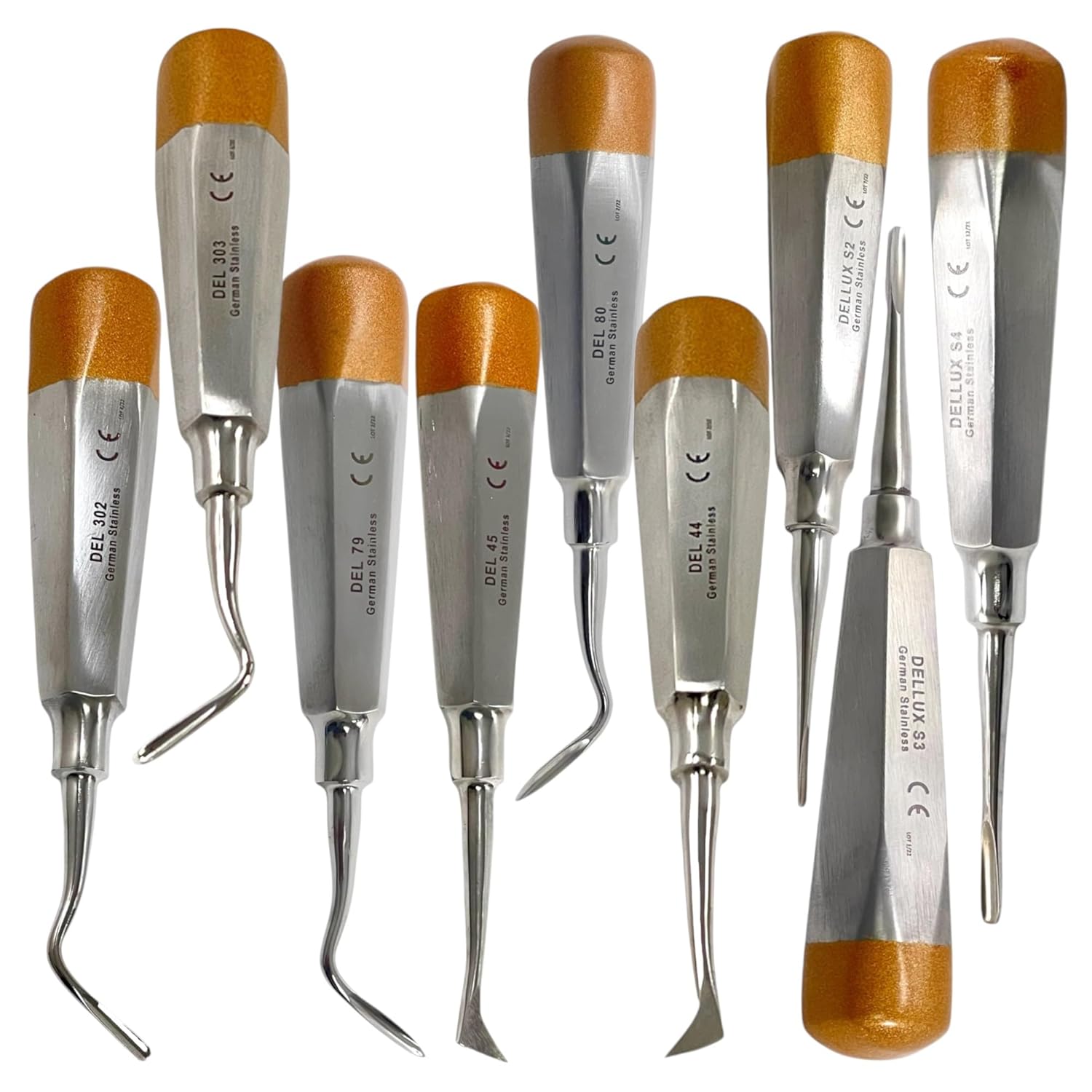 Root Apical Luxation Elevator Pick, Hollow-Handle, Color-Coded, Straight & Angled Tips Mix | S2,S3,S4,44,45,79,80,302,303 | German Stainless Steel Dental Instruments (9-Pack)