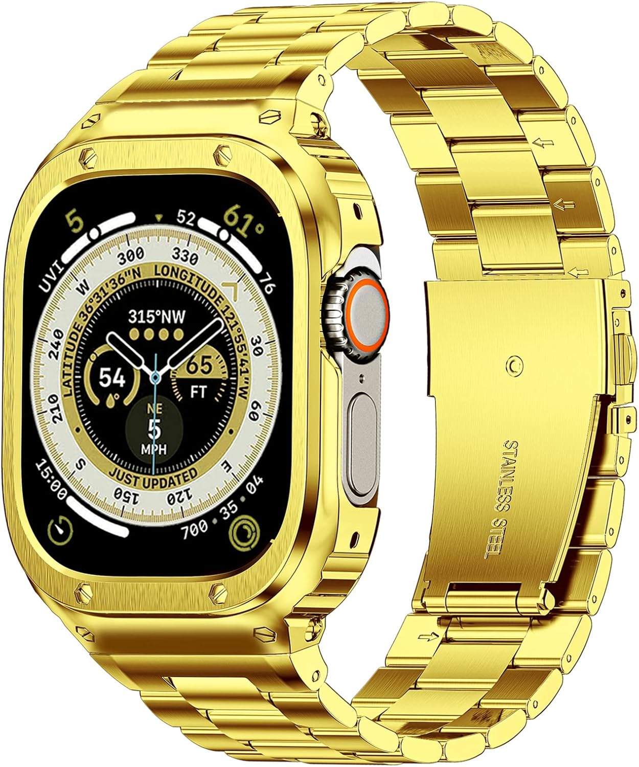 MioHHR Stainless Steel Band and Case Compatible with Apple Watch Band 49mm, Men Metal Protective Bumper Cover for iWatch Series Ultra 3/2/1, Gold