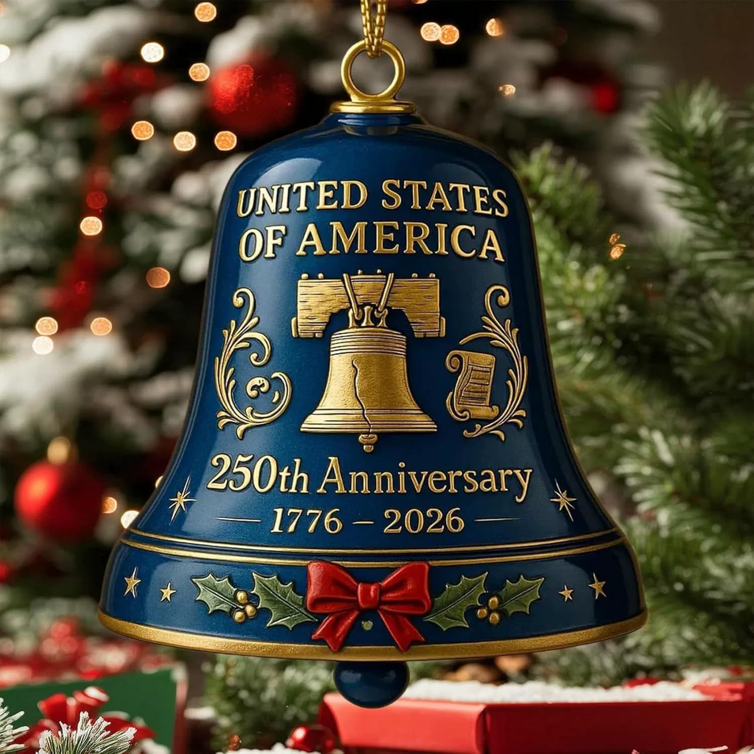 America 250 Bell Ornament, United States 250th Anniversary 1776-2026, 3D Red & Gold Patriotic Hanging Collectible Gifts (Blue)