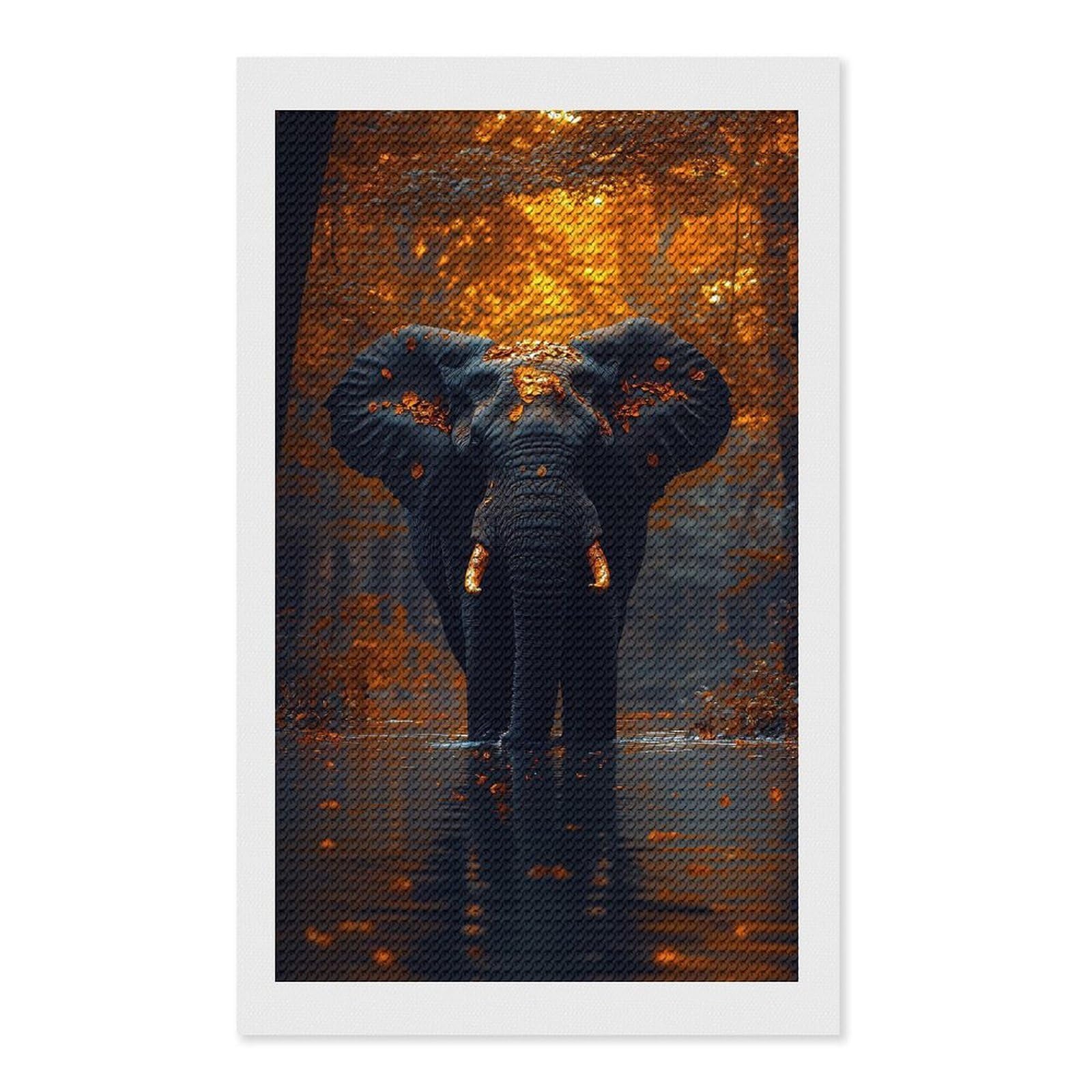 Junmoney Elephant in Autumn Forest Lake Diamond Painting Canvas Kit 12"x20", Leisure Activity, Aesthetic Room Decor, with Tool Kit, DIY, Gift