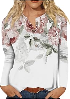 Womens Tops Fall Trendy Graphic Button Down Henley Top Shirts Casual Plus Size Long Sleeve Fit Comfy Pullover Blouse Long Sleeve Tops Women
