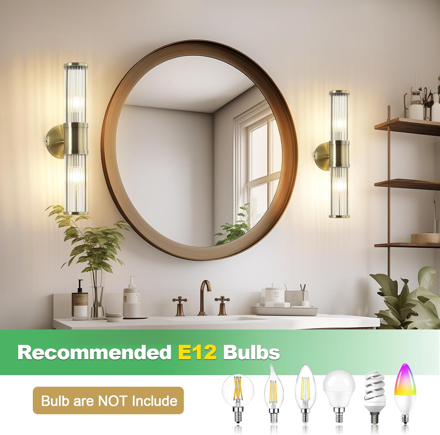 JOOSENLUX 2 Light Bathroom Vanity Light Fixture, Antique Bronze Wall Sconce Set with E12 Base and Glass Rod Design – Decorative Lighting for Bathroom Mirror, Powder Room, Hallway, Bedroom