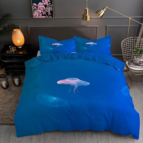 Juego de funda de edredón de medusas tamaño matrimonial, funda de edredón de microfibra suave y 2 fundas de almohada de 20 x 26 pulgadas, juego de