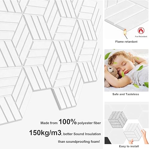 Miniatura 5 de Paneles acústicos hexagonales con borde biselado, paneles de espuma a prueba de sonido, autoadhesivos, 14 x 12 x 0.4 pulgadas, paneles decorativos