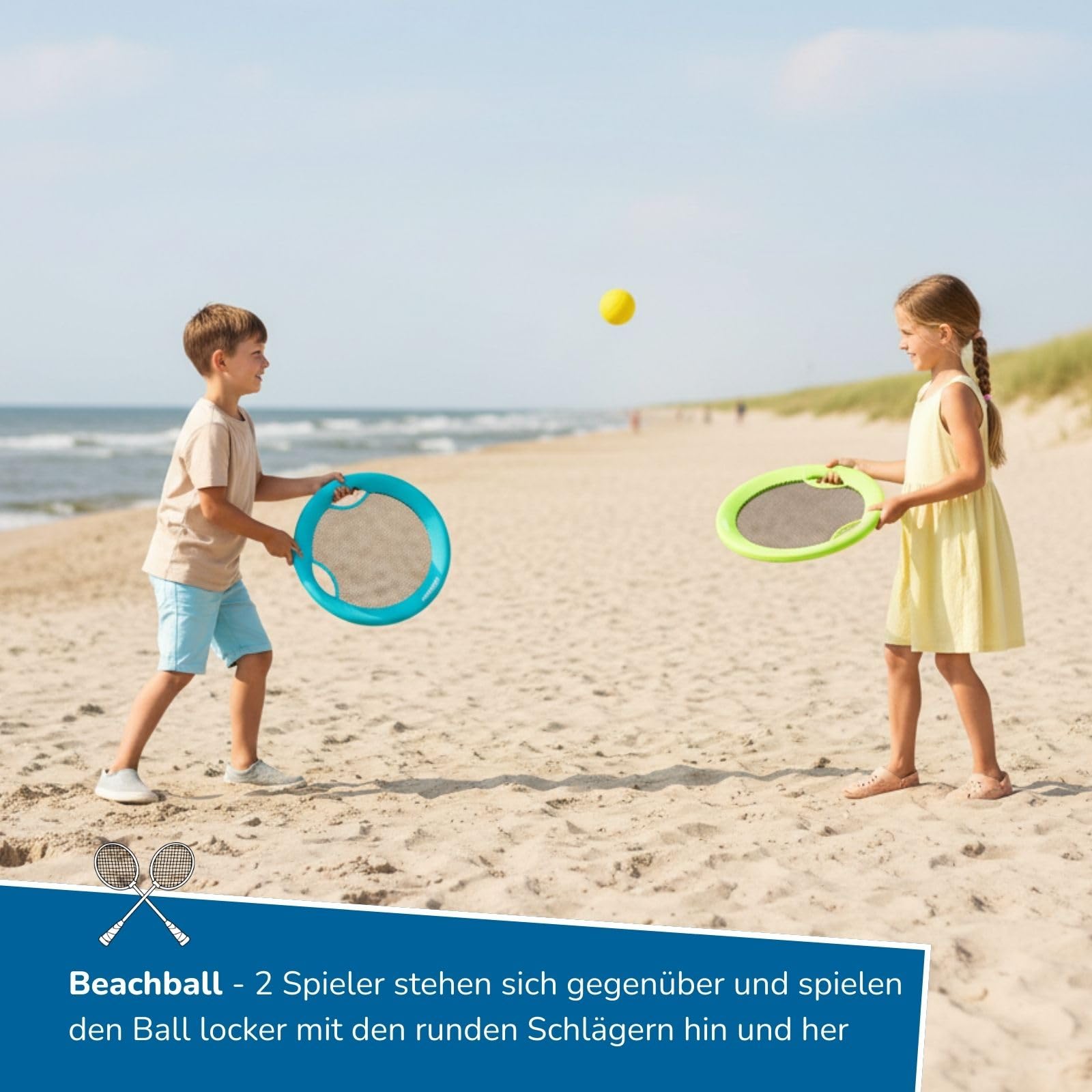 alldoro 68714 Beachball-Set 4in1, XL-Federball, XL-Soft-Tennis, Beachball & Wurfscheibe, wetterfestes Outdoor-Spielpaket ab 5 Jahren