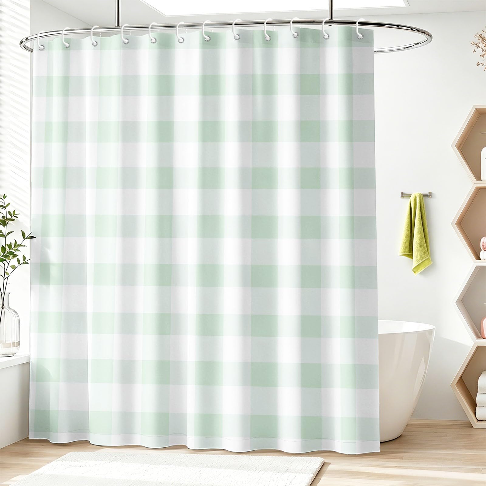 Rideau de Douche Moderne Minimaliste en Polyester imperméable et Lavable avec Crochets, 240 x 200 cm, Rideau de Salle de Bain Carreaux Campagne Carrés Vert Blanc Frais pour Salle de Bain