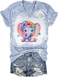 YuzRong Womens Summer Tops Easter Tie Dyed V Neck Loose Short Sleeved T Shirt Elastic Comfortable Blouse Fabric Suitable for Work Office Daily Wear