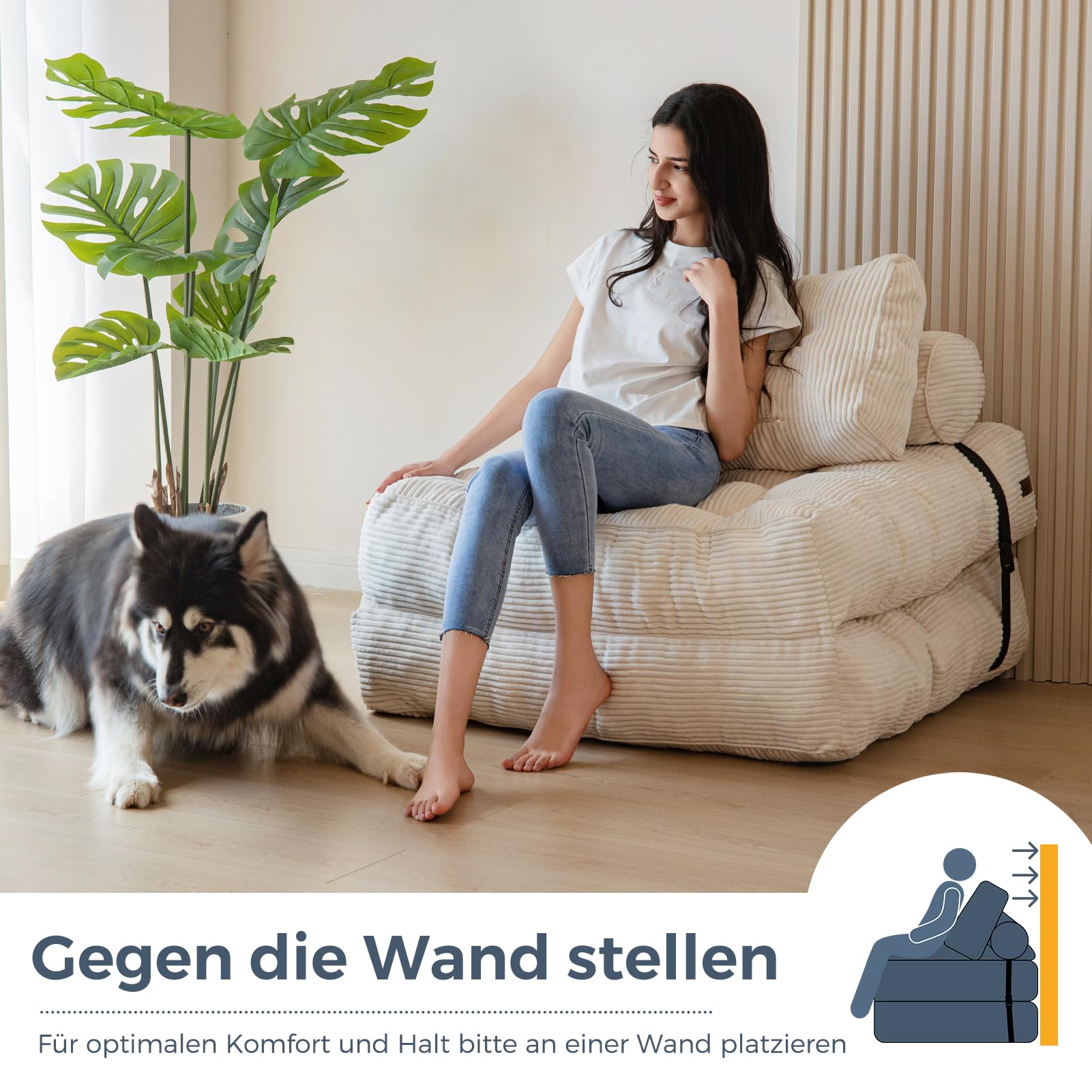 MAXYOYO Faltbares Schlafsofa umwandelbarer Schlafsessel mit Kissen, Matratze mit Rückenstütze, tragbarer Stuhl-Bett-Komfortable Bodensofa-Lounge für Wohnzimmer Schlafzimmer, Beige