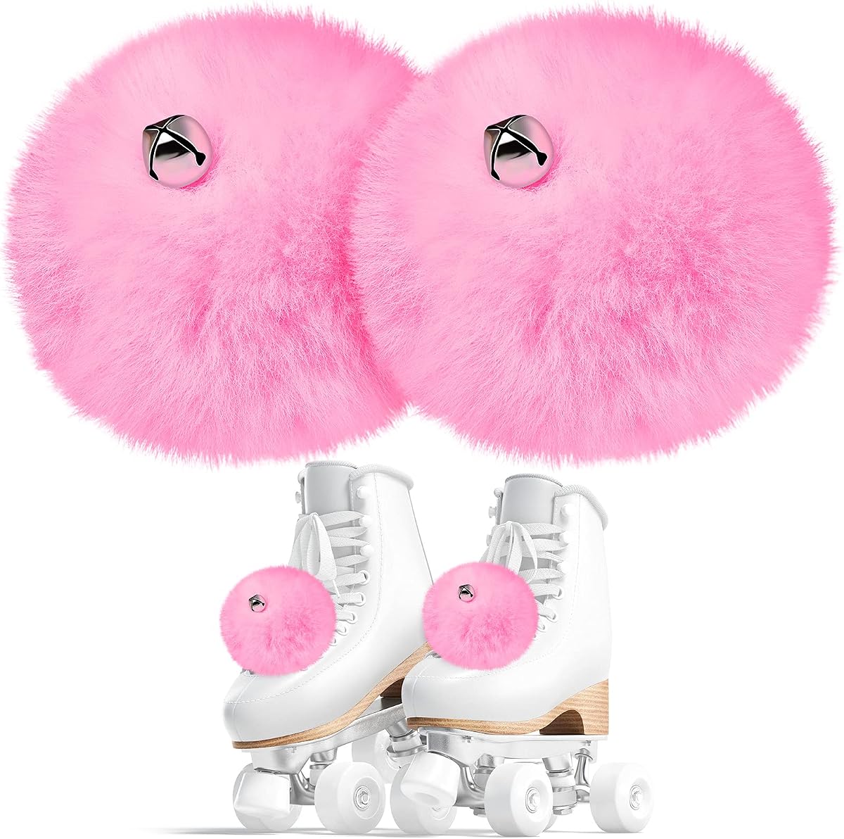 Sumind 2 Piezas Pompones de Patines con Campanas para Mujeres Niñas Princesa Corbata Esponjosa en Bolas de Pompón Fuzzy para Accesorios de Patines Cuádruples (8 cm, Rosa)
