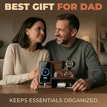 TESLYAR Wood Phone Docking Station for Men - Desktop or Nightstand Organizer - Birthday Gifts for Men, Dad - Anniversary Idea from Wife - Key Holder, Stand Wallet, Watch & Essentials (Bourbon Brown)