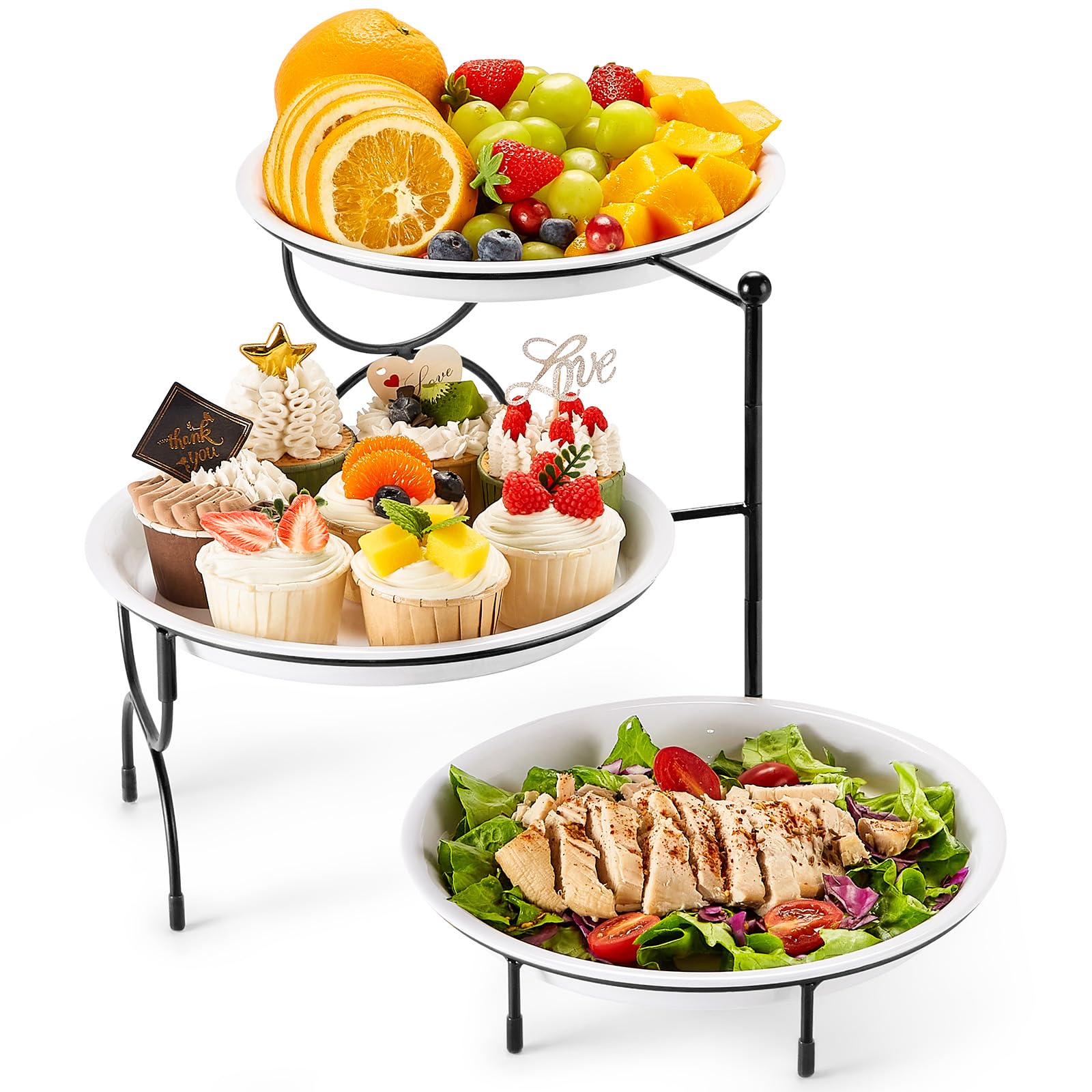 Lifewit 3 Tier Serving Tray, Round Plastic Platters Fruit Bowls, White Reusable Food Trays with Display Stand for Buffets, Cupcake, Snack, Veggie, Cookies, Dessert, Dishes, Party Supplies