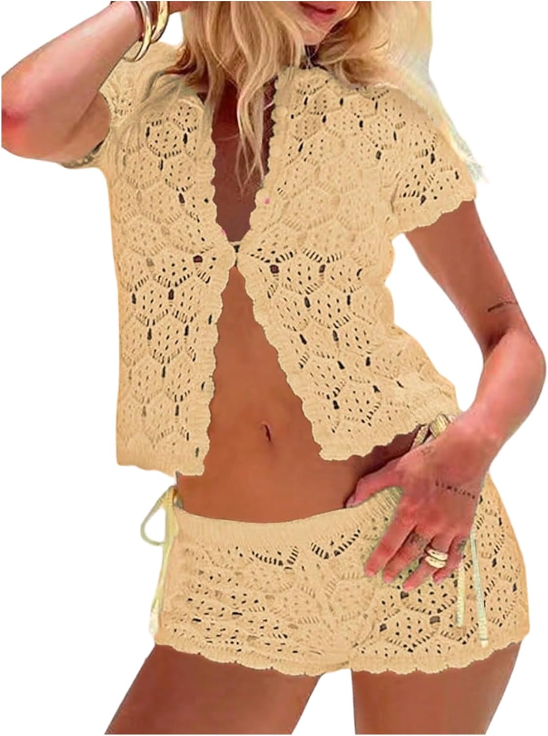 GORGLITTER Women's Crochet Short Sets Short Sleeve Button Down Cardigan Top and Shorts Vacation Outfits
