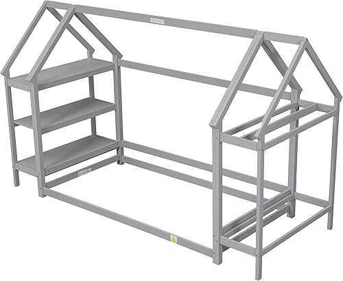 Miniatura 4 de Harper & Bright Designs Cama de piso individual con 2 soportes desmontables, cama de piso individual de madera para niños, camas Montessori, cama de