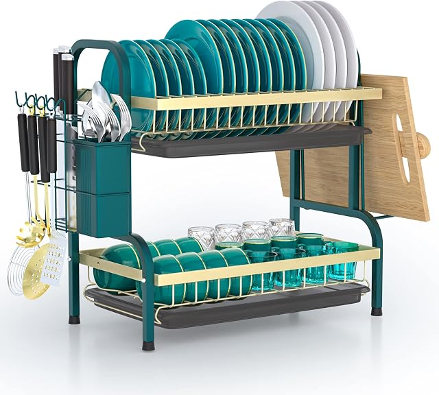 Baodan Dish Drying Rack, 2 Tier Dish Drainer Rack with Drip Tray for Kitchen Counter, Large Capacity Dish Rack with Drainboard and Utensil Holder - Green with Gold
