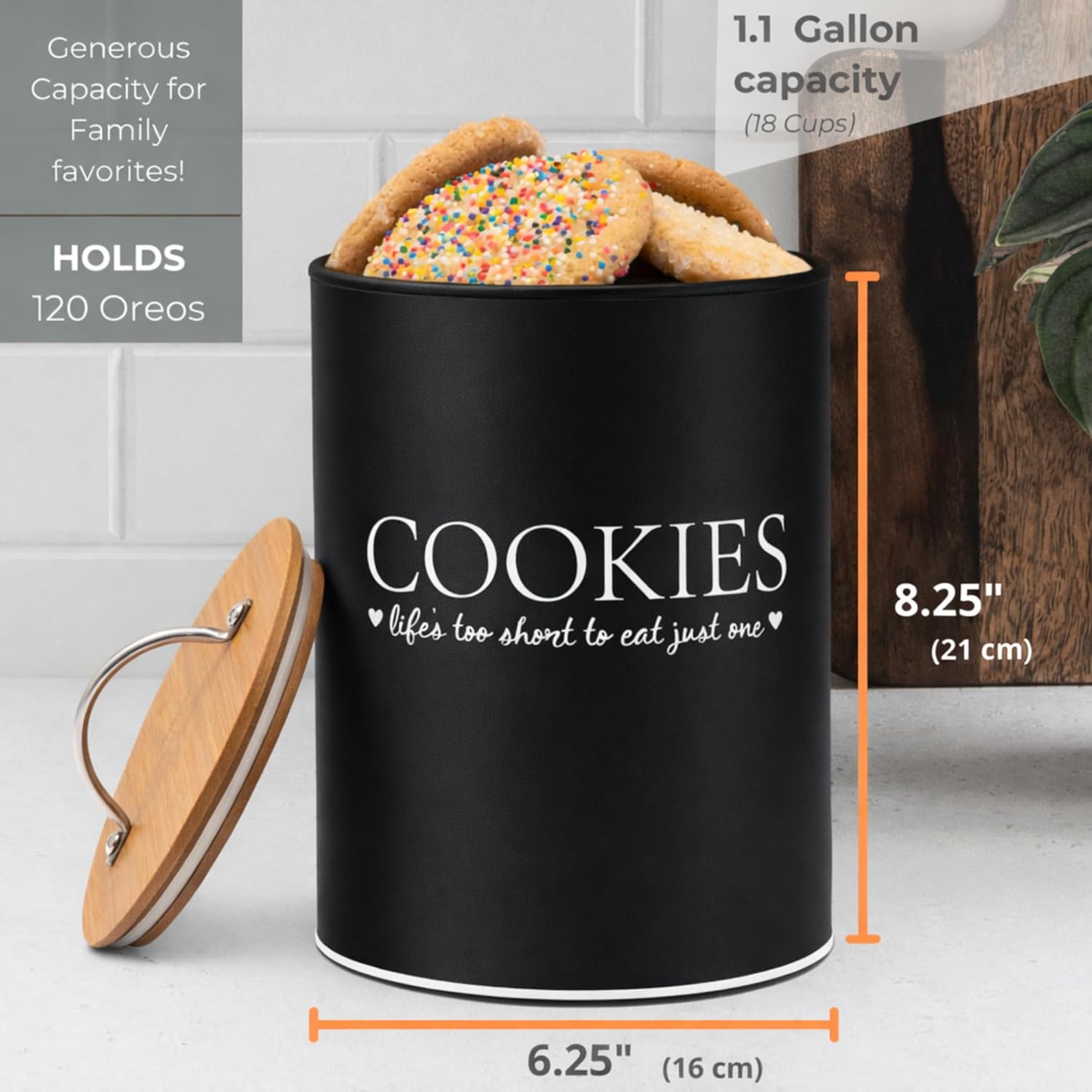 d'lifeful cookie jar with airtight bamboo lid – 1.1 gallon cute and decorative cookie storage for kitchen countertop – farmhouse storage tin for freshness – great gift idea (black)