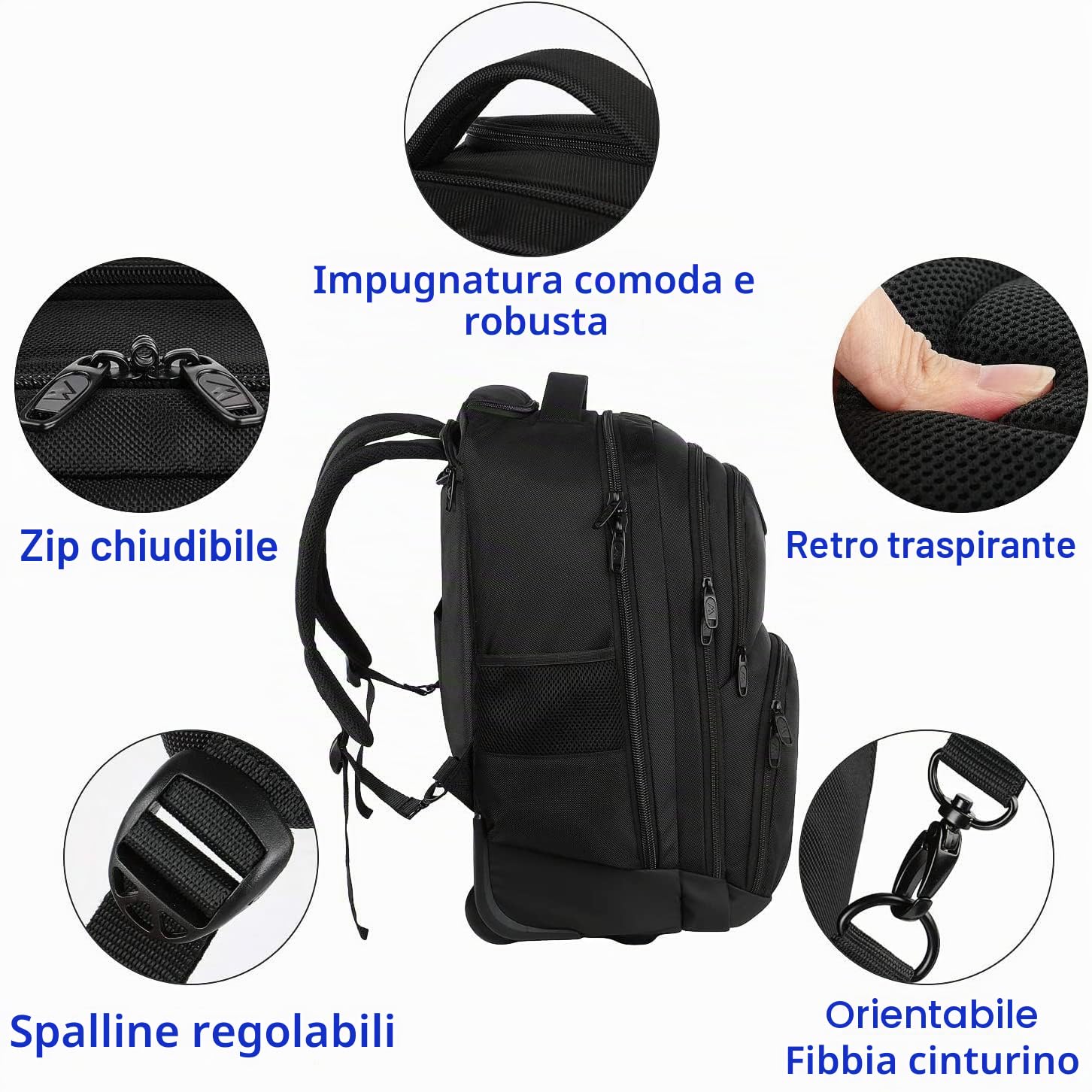 MATEIN Zaino Trolley per PC Portatile con Ruote, Bagaglio a Mano da Cabina per Laptop fino a 17 Pollici, Zaino da Viaggio per Aereo, Scuola, Affari e Università, Nero