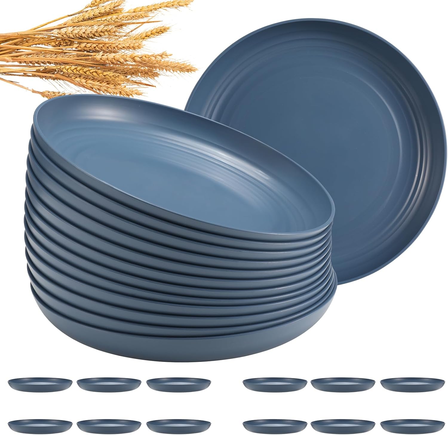 HEYCOME 12 Pcs Unbreakable Deep Dinner Plates Set, 10 inch Reusable Plastic Wheat Straw Plates, Microwave and Dishwasher Safe Plate for Kitchen, Lightweight Plate for Dessert, BPA Free, 6 Colors