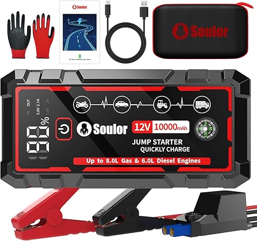 Arrancador de batería de coche 9 en 1, caja de salto de 12 V portátil con cables de puente de protección 14 en 1, luces LED, pantalla LCD, guantes