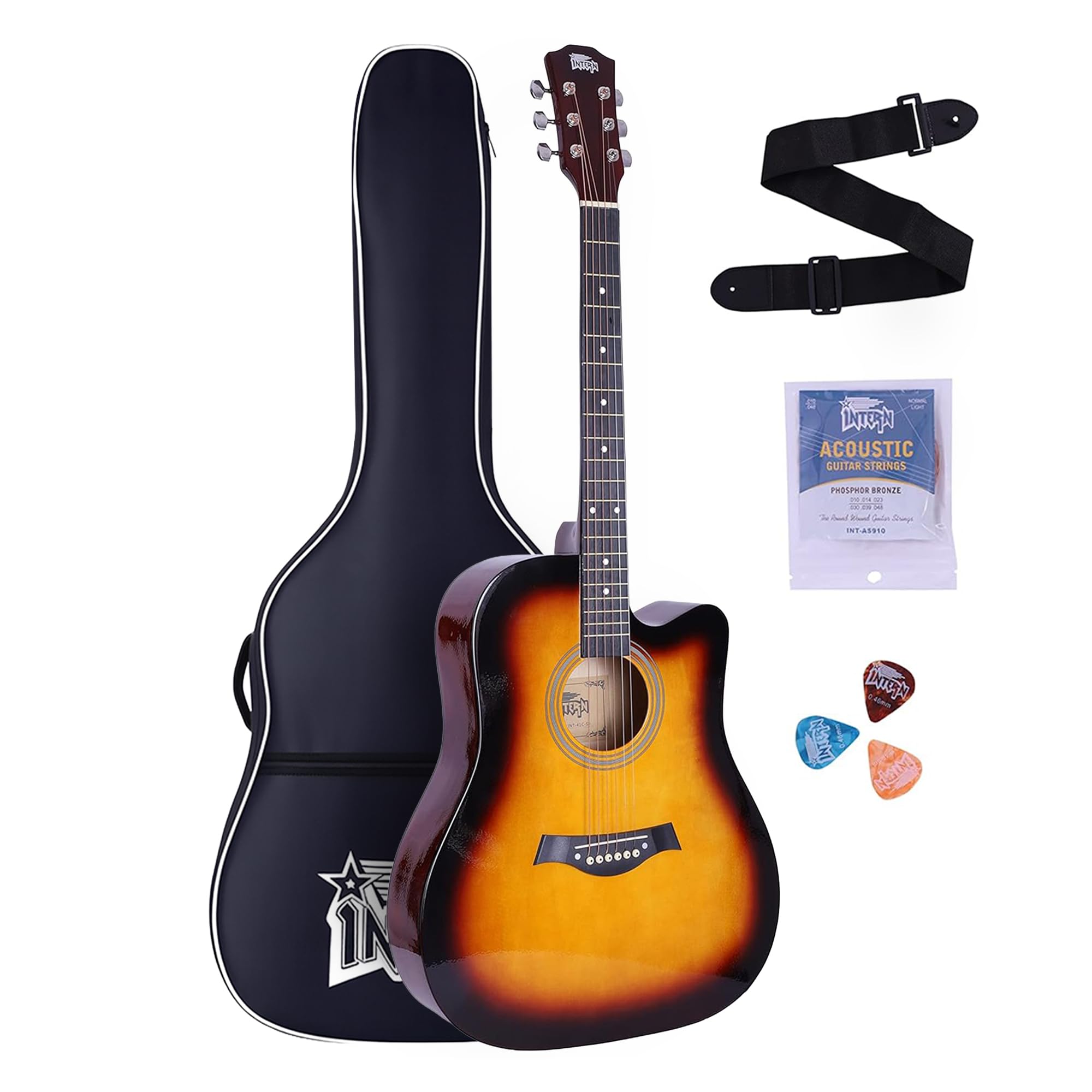 INTERN 41-Inch Acoustic Guitar for All | 6-String Right-Handed Guitar with Truss Rod, Gig Bag, Strings, Strap & Picks | Superior Wood Build for Rich Sound (With Bag, Sun Burst)