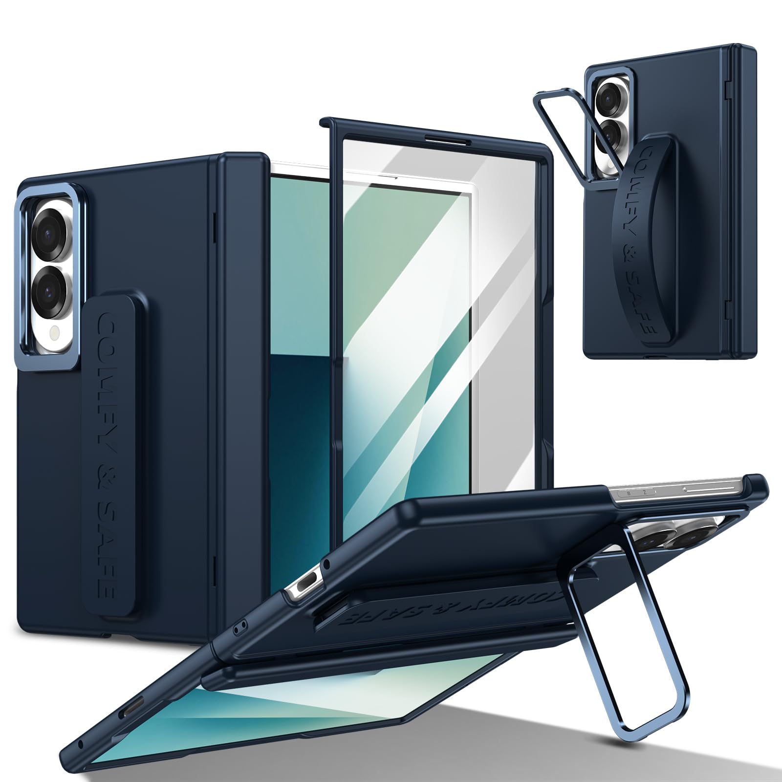 Etui do Samsung Galaxy Z Fold 8, pasek na nadgarstek i podpórka na obiektyw, wbudowana, pełna ochrona ekranu i zawiasów, odporna na wstrząsy, uniwersalna ochrona przed upadkiem (niebieski)