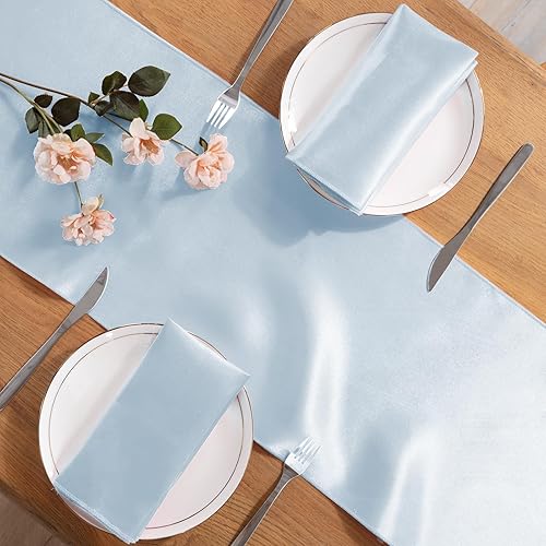 Miniatura 6 de Paquete de 5 caminos de mesa de satén azul claro, 12 x 108 pulgadas, camino de mesa de seda satinada brillante, tela suave, camino de mesa