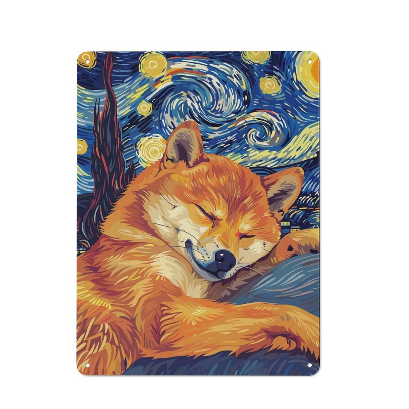 Junmoney Shiba Inu Starry Night Parody Art Retro Metal Sign 40X30cm Featuring For Living Room Wall, For Vintage Wall Decor Fans, For Themed Room Decoration