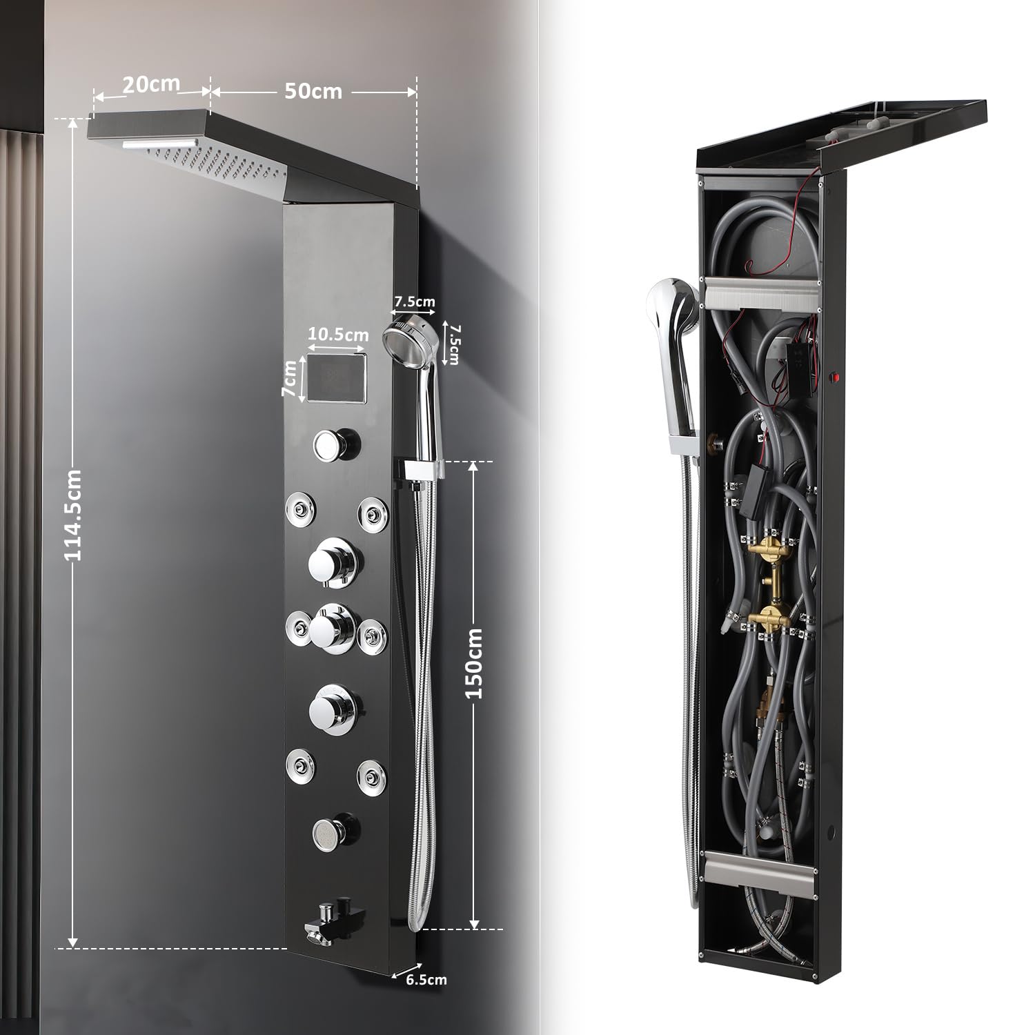Panel de ducha de acero inoxidable con 6 funciones, indicador de temperatura LED, lluvia y cascada, ducha de mano y chorros de masaje