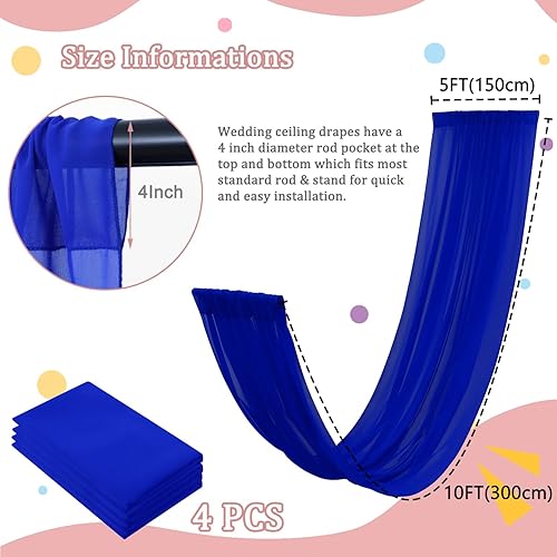 Miniatura 4 de Cortinas de techo azul real, cortinas de arco de boda, tela de 5 x 10 pies, 4 paneles de tela drapeada de gasa para decoración de techo de fiesta de