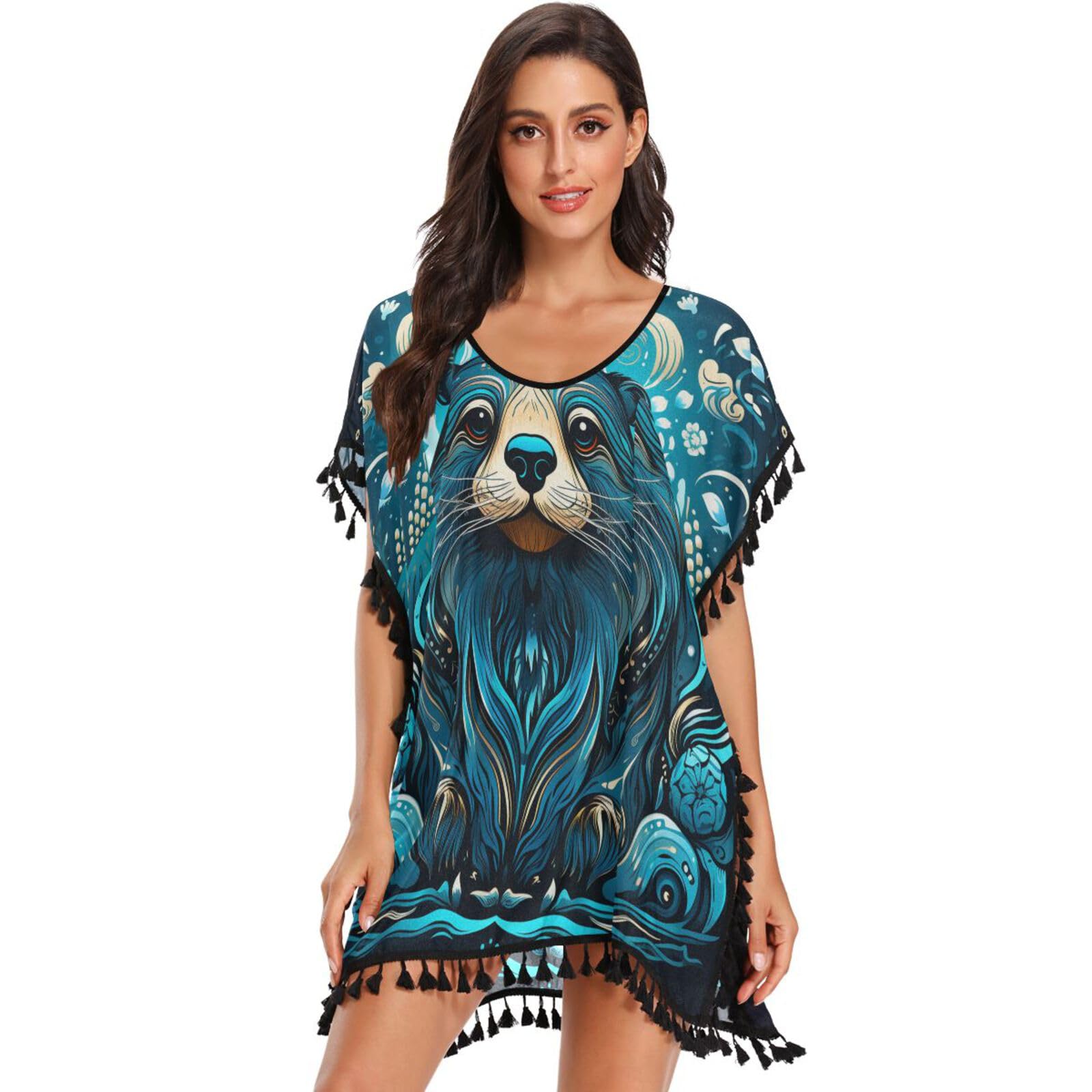 KAAVIYO Blue Abstract Sea Lion Women's Beach Cover Up Chiffon Tassel Swimwear Swimsuit Coverups for Girl