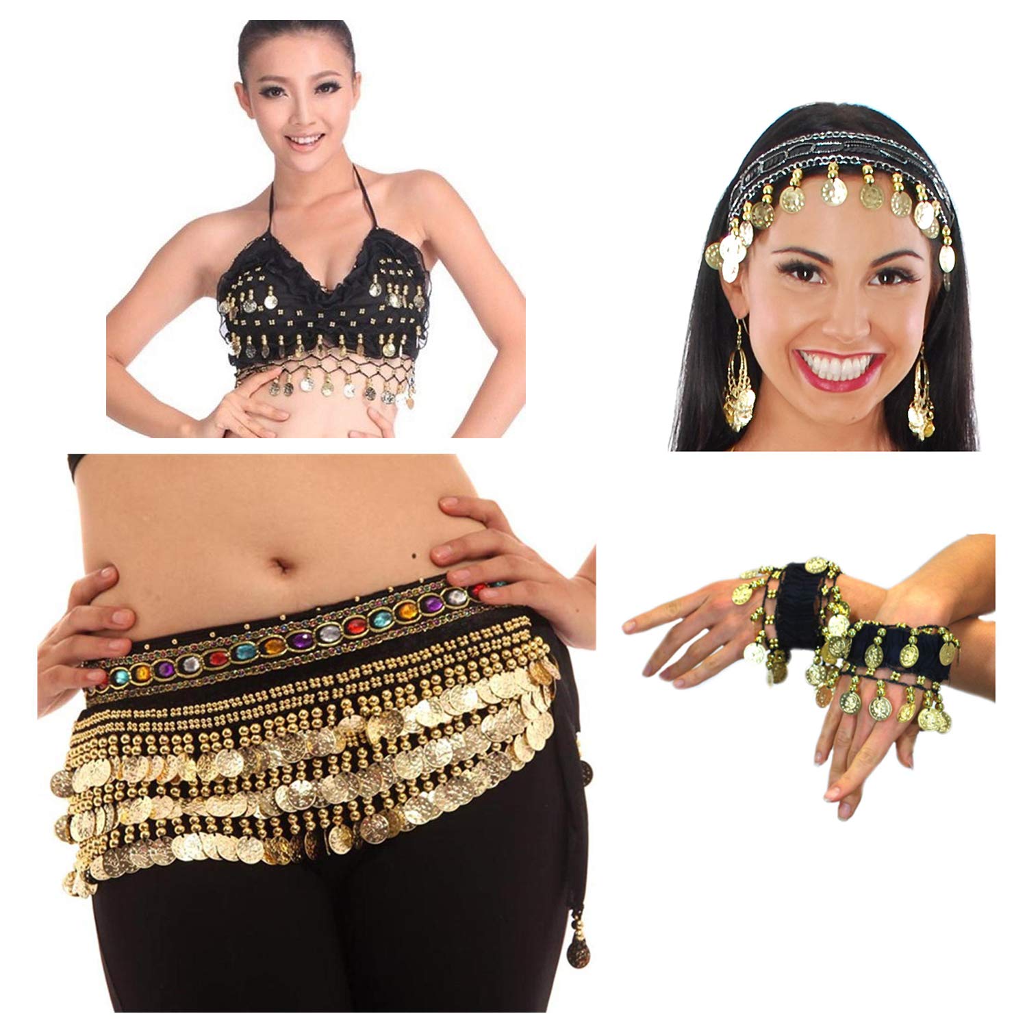 Vritraz Women's Velvet Belly Dance Hip Scarf Waistband Belt Skirt with Ringy Golden Coins (Pack of 4)